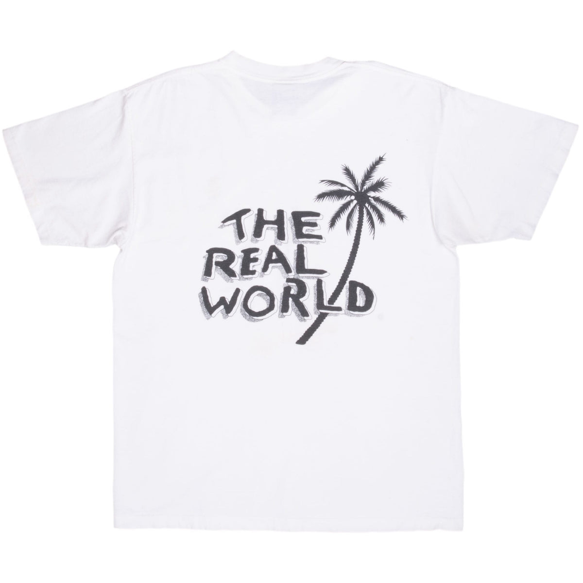 Back of white MTV The Real World T-shirt with oversized black lettering and palm tree graphic