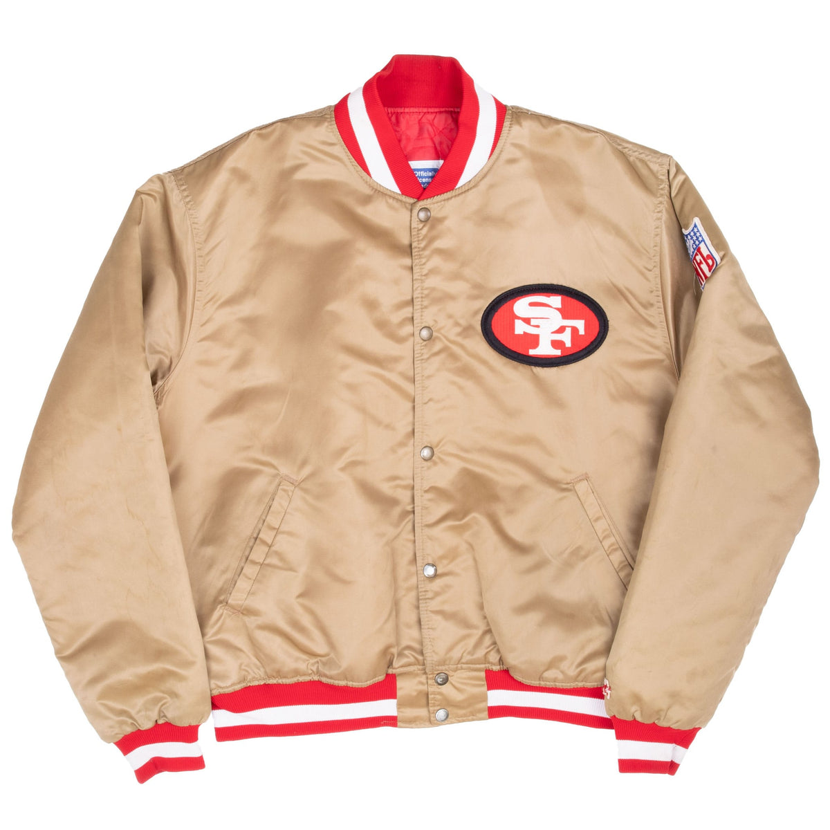 Front of gold San Francisco 49ers Starter jacket with snap closure and striped ribbed trim