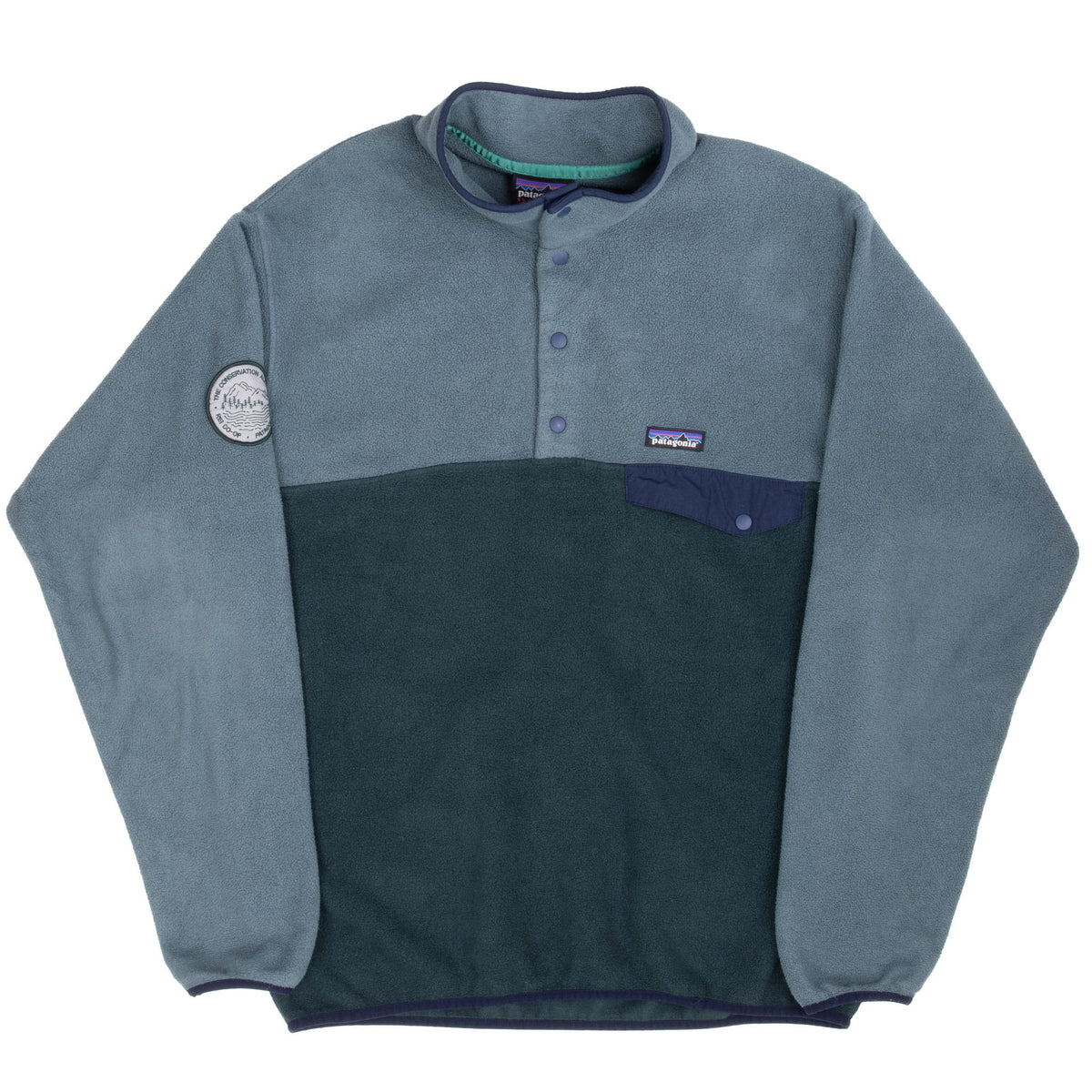 Full front view of Patagonia Snap-T green and grey fleece pullover with navy-trimmed chest pocket