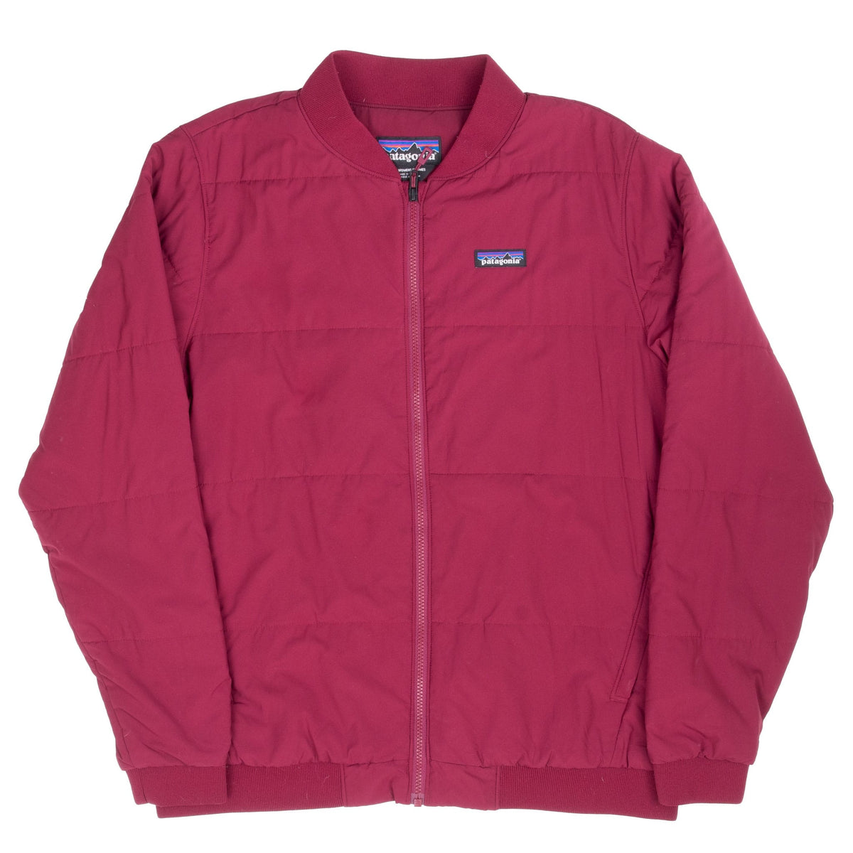 Front of burgundy Patagonia Zemer women's bomber jacket with ribbed trim and quilted stitching