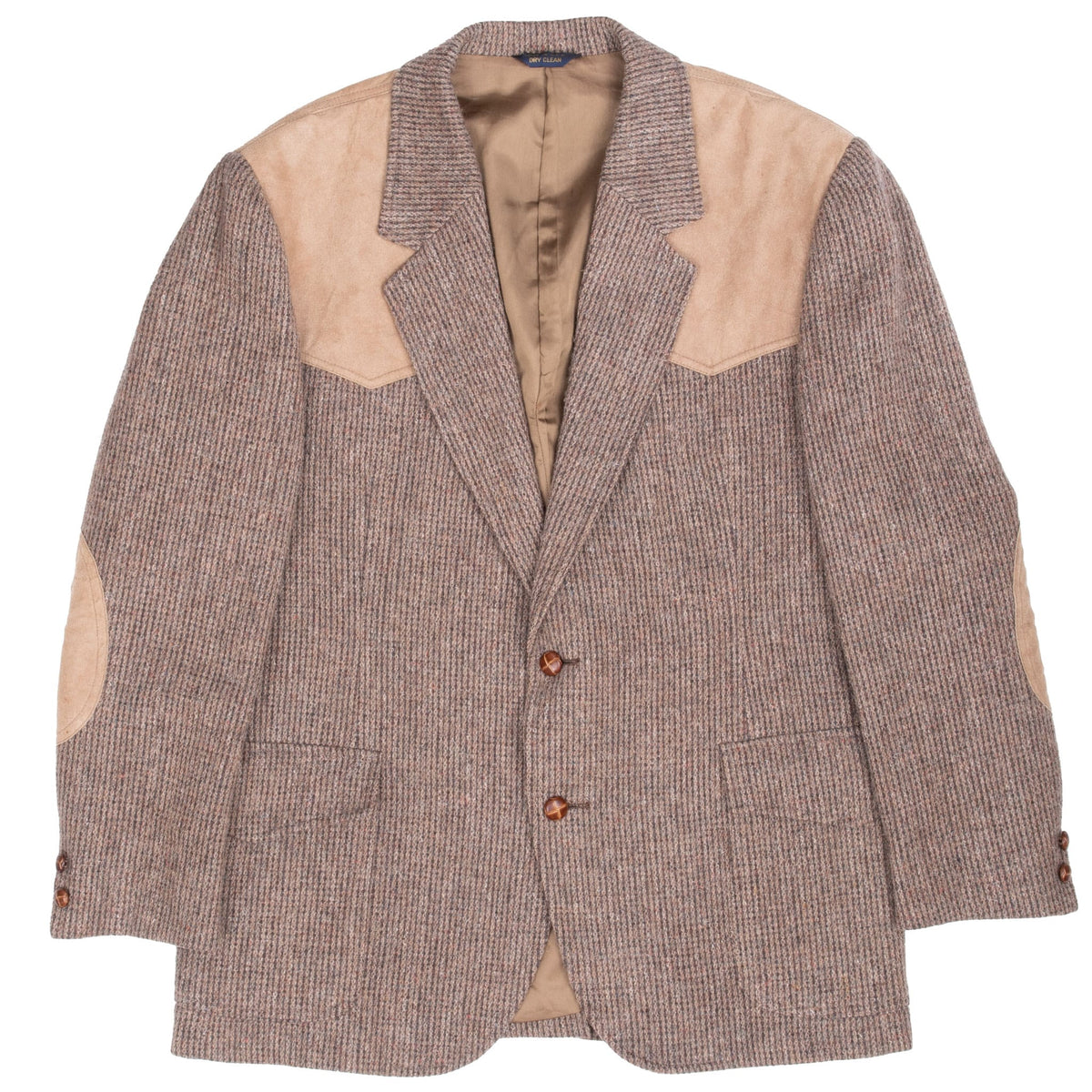 Full front view of Pendleton brown wool blazer with suede Western yokes and two-button closure