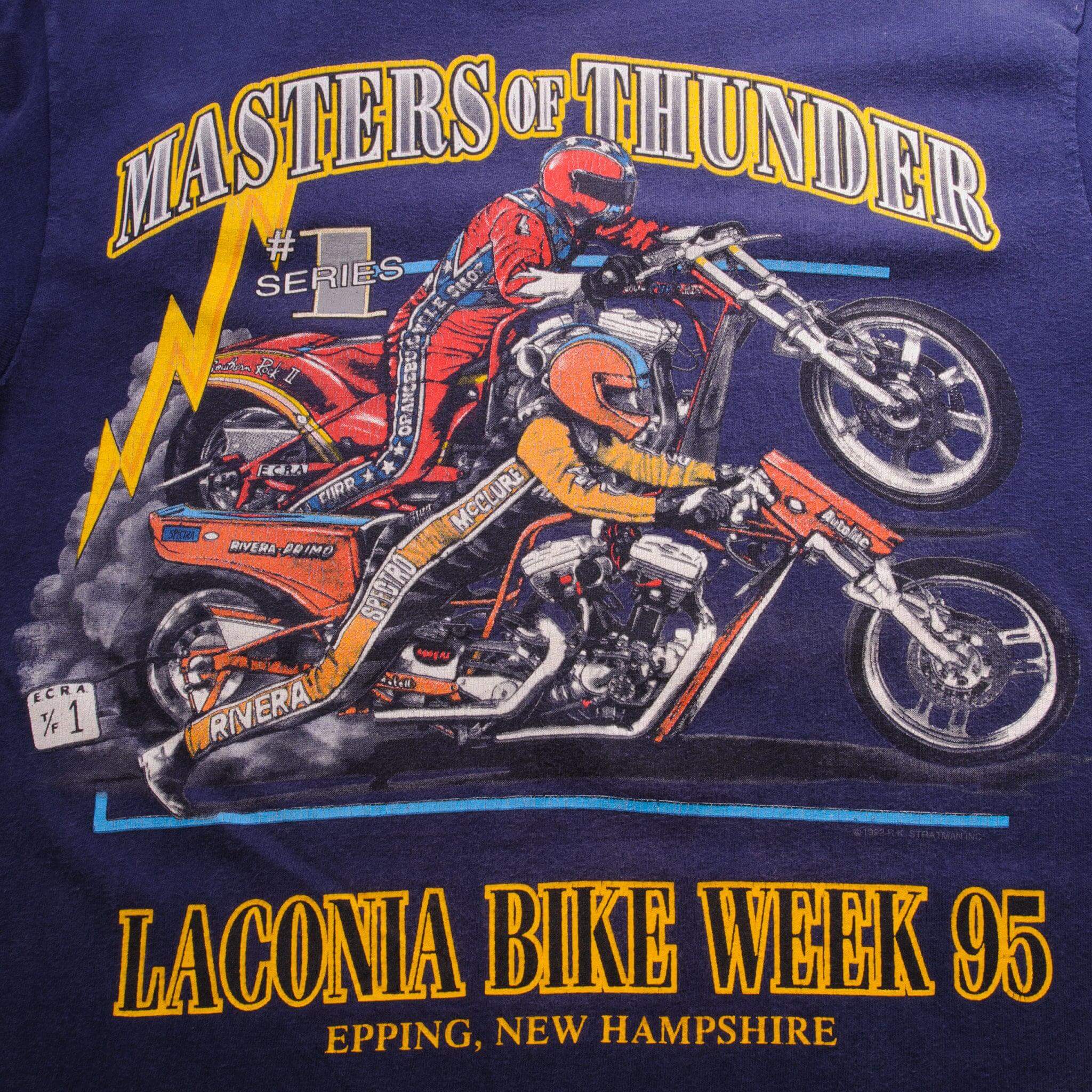 Vintage Harley Davidson Master Of Thunder Laconia Bike Week 95 Epping, New Hampshire All Harley Drag Racing Tee Shirt 1995 Size Medium Made In Usa With Single Stitch Sleeves