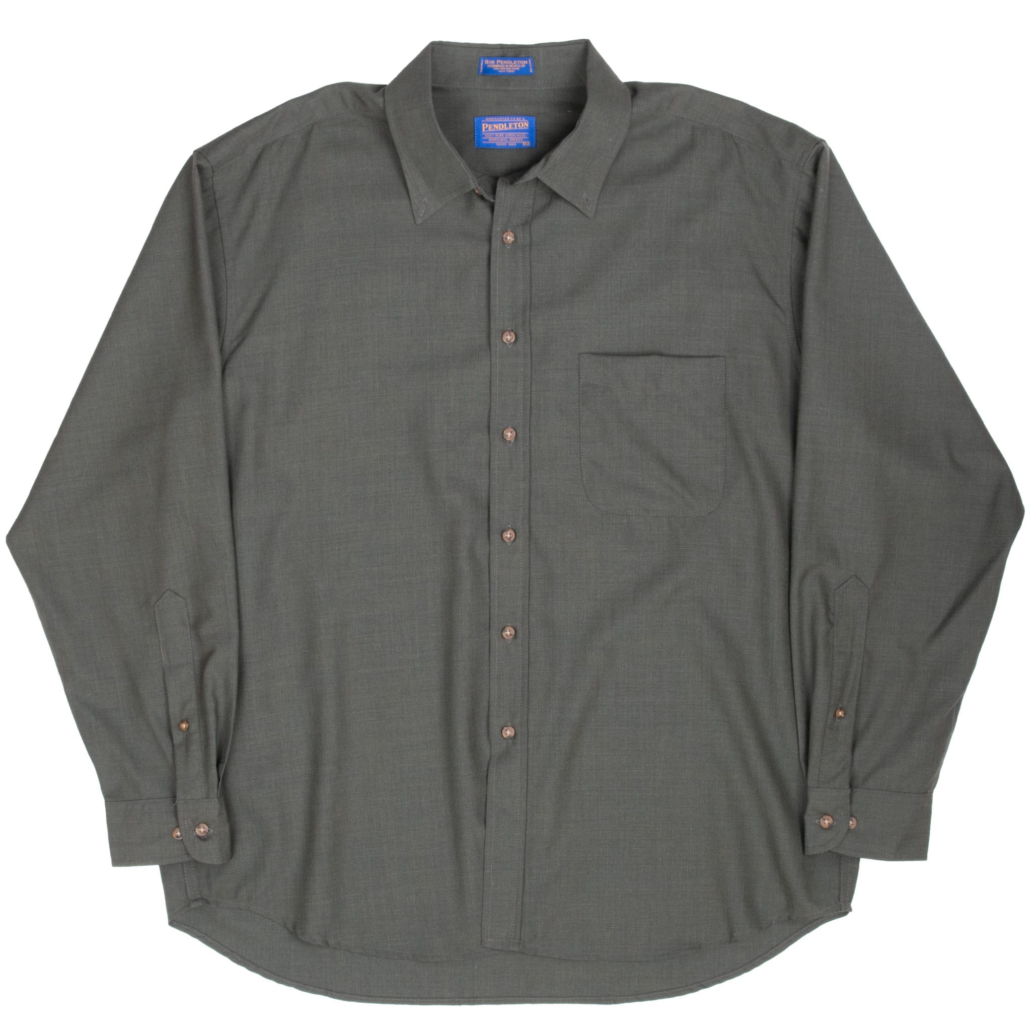 Full front view of Pendleton green wool shirt with long sleeves, chest pocket and curved hem