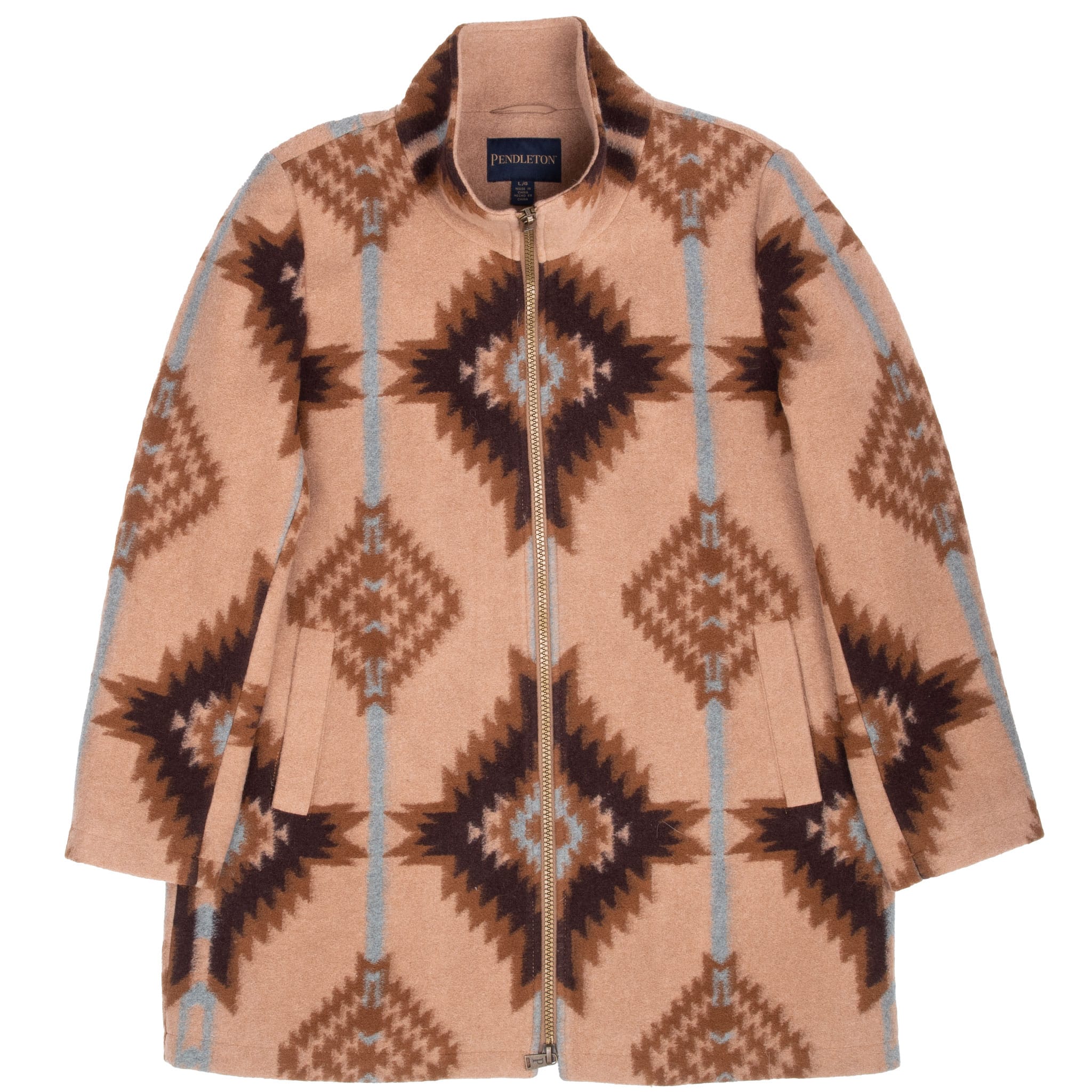 Full front of Pendleton brown wool coat with dark brown and light blue geometric pattern