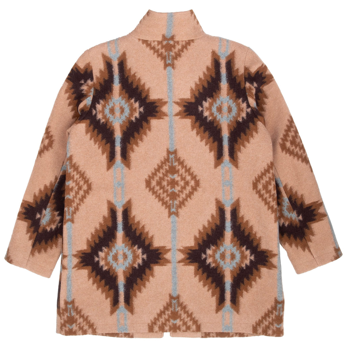 Back of Pendleton brown wool coat with dark brown and light blue geometric pattern