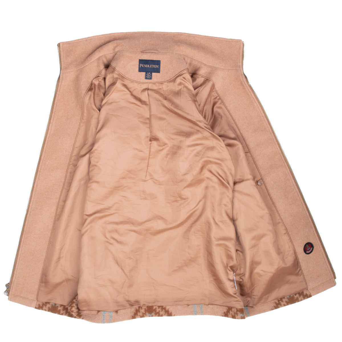 Pendleton brown coat opened to show the smooth brown interior lining and neck label