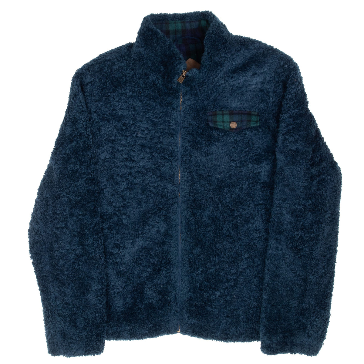 Full front view of blue Pendleton fleece jacket with stand collar and zip closure