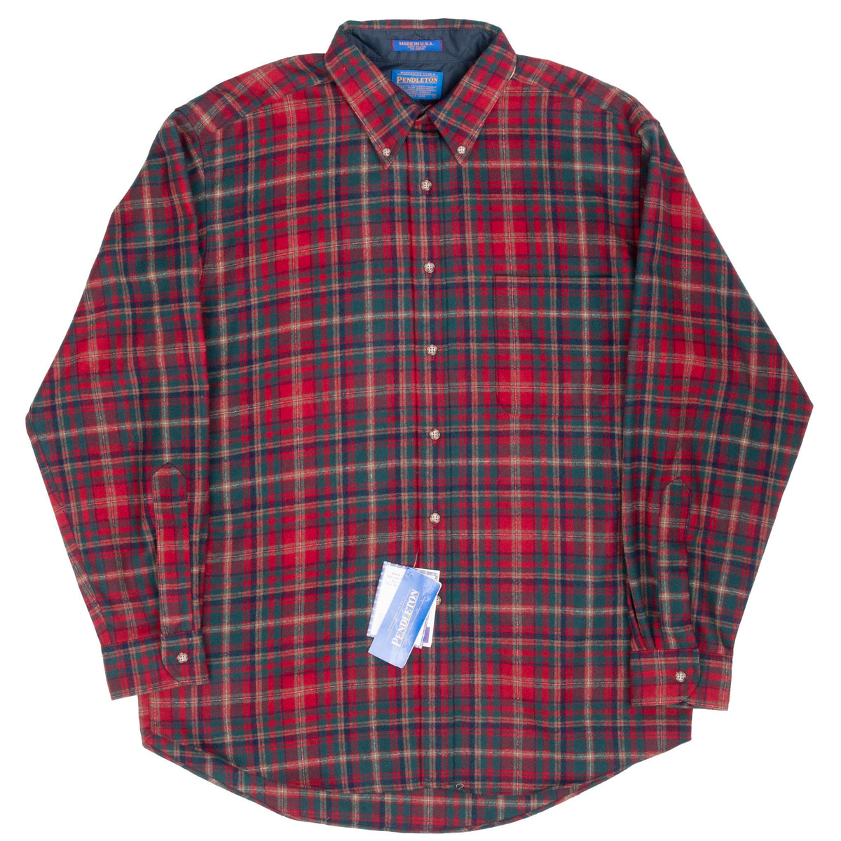 Full front of Pendleton red and green plaid wool shirt with long sleeves and curved hem