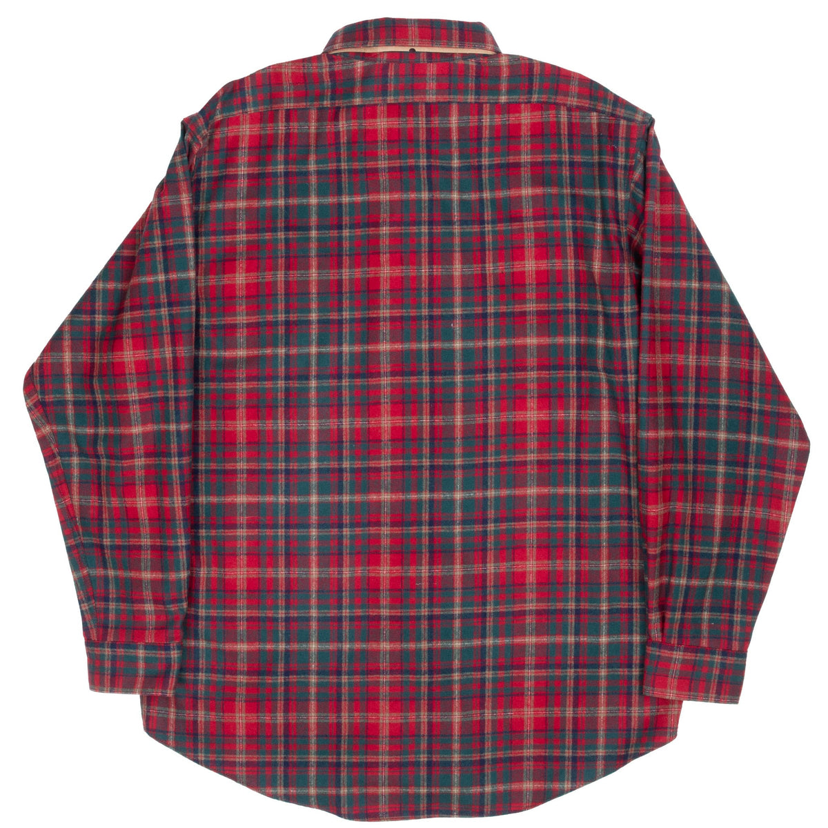 Back of Pendleton red and green plaid wool shirt showing shoulder yoke and curved hem