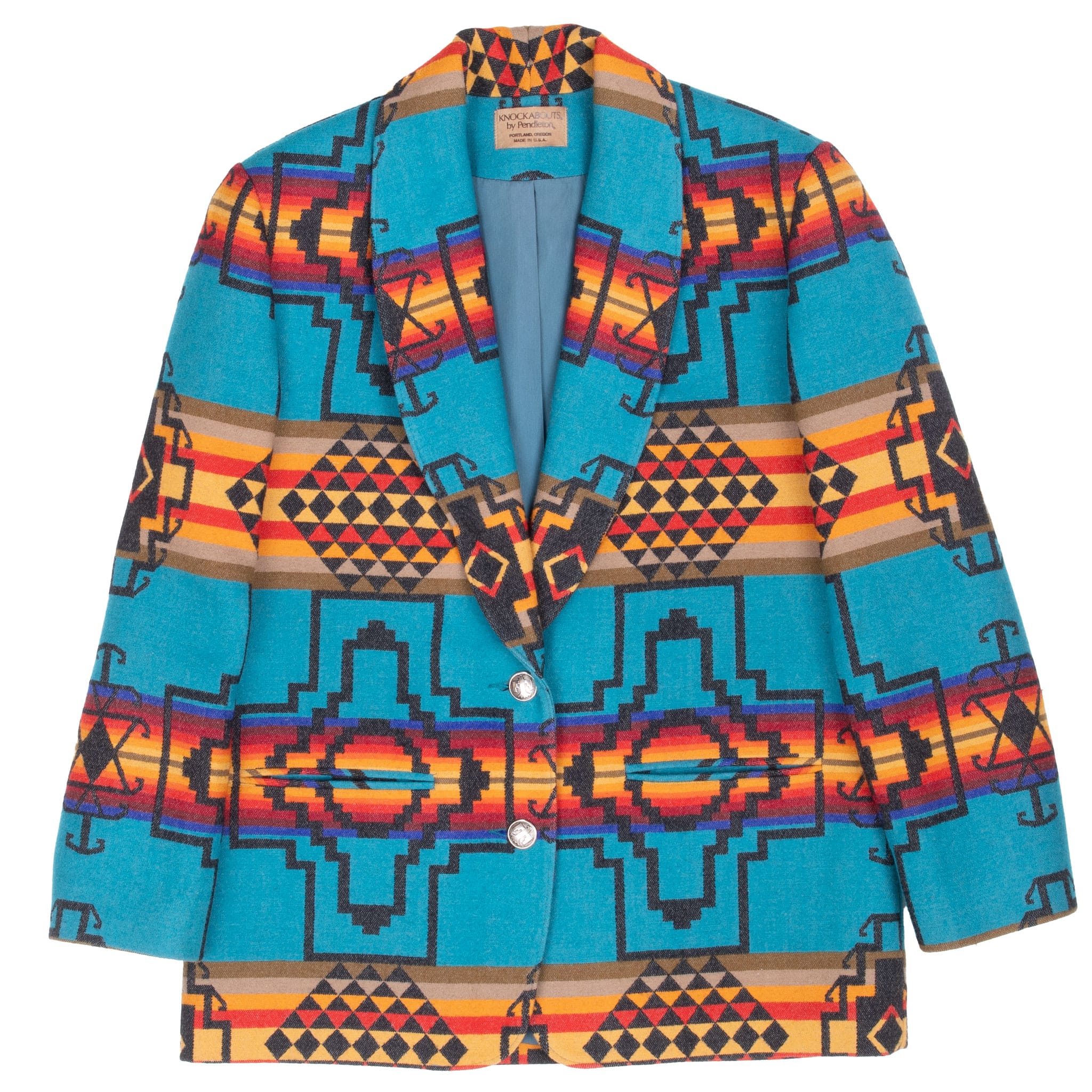 Front view of Pendleton turquoise geometric-pattern wool blazer with two metal buttons