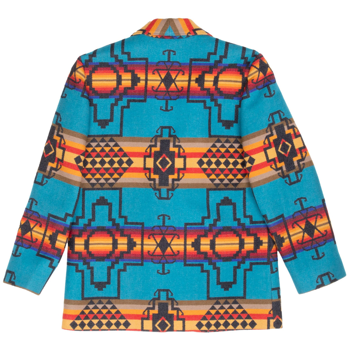 Back of Pendleton turquoise wool blazer with multicolor geometric pattern