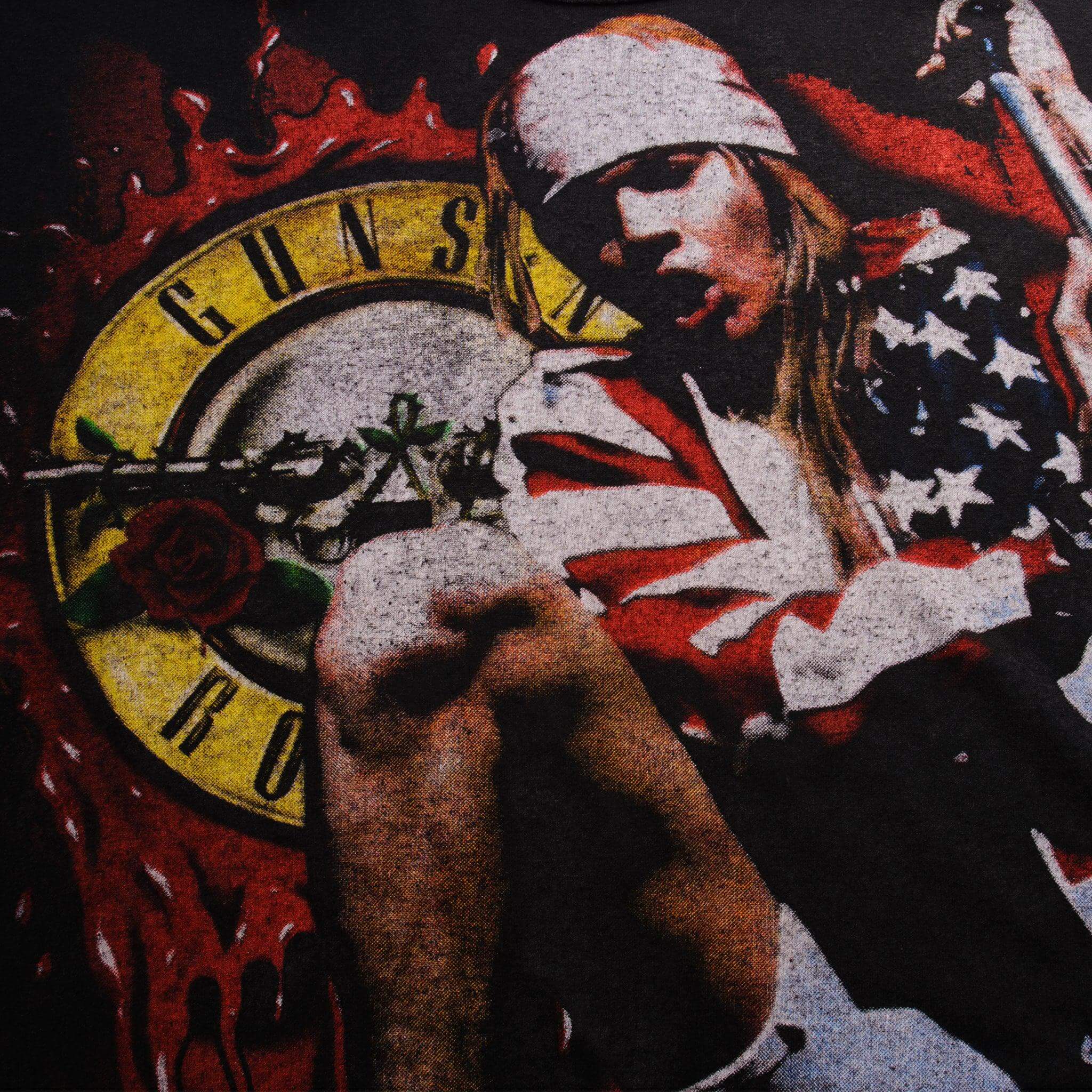 Close-up of Axl Rose and Guns N' Roses logo on the front print