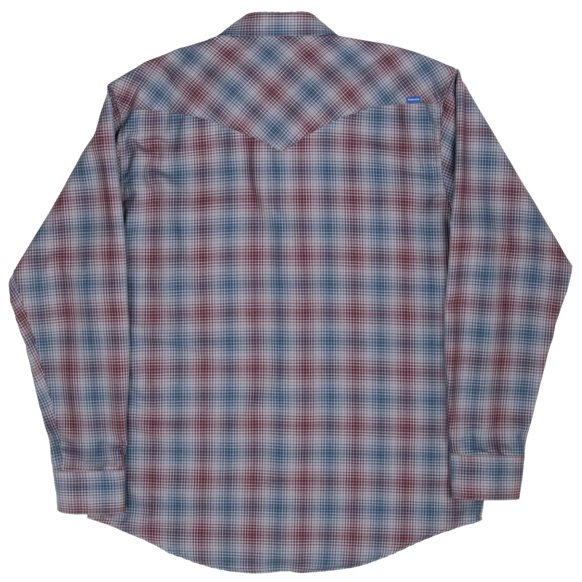 Back of Pendleton grey, blue and burgundy plaid western shirt with bias-cut yoke