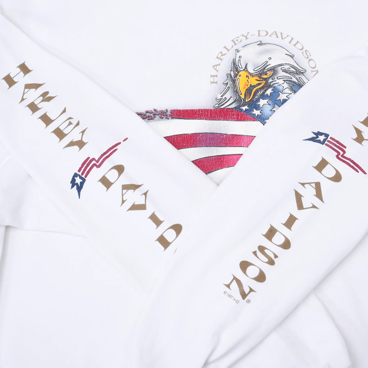 Crossed sleeves showing Harley-Davidson lettering and flag accents beside the eagle graphic