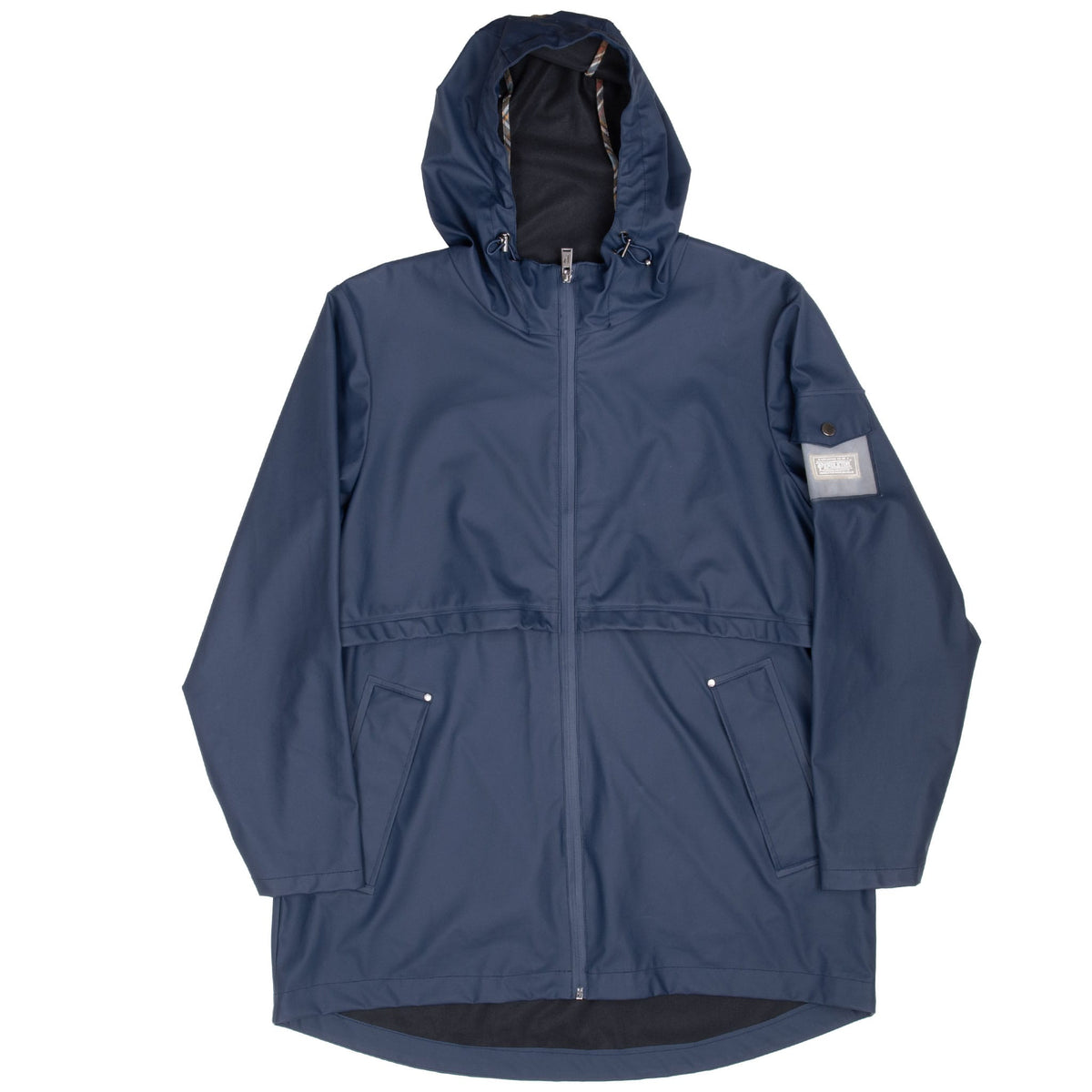 Full front view of navy Pendleton hooded rain jacket with curved drop-tail hem