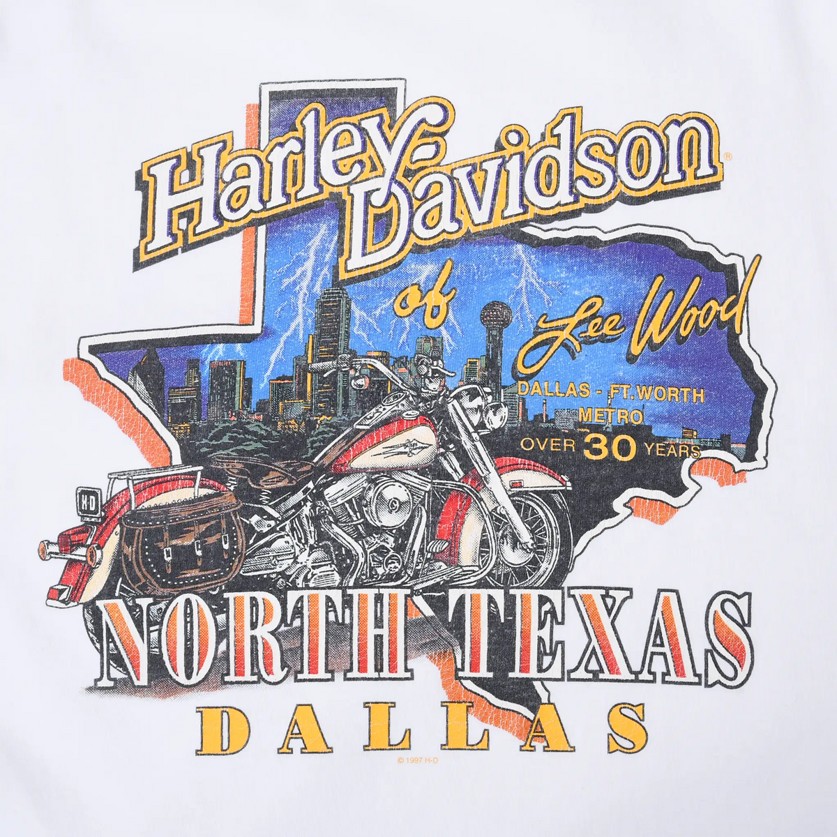 Close-up of Harley-Davidson of Lee Wood North Texas Dallas motorcycle and skyline back graphic