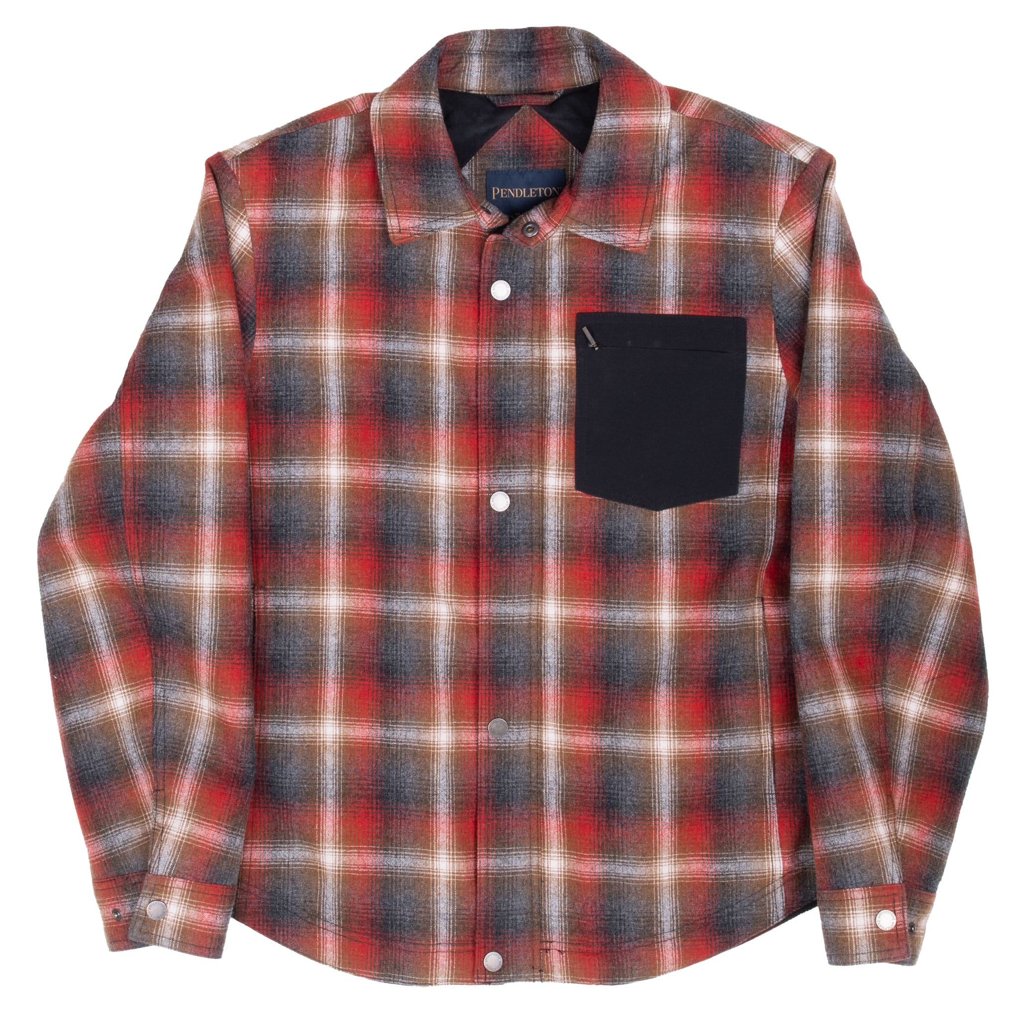 Front of Pendleton red, brown and charcoal plaid overshirt with snap closure and black chest pocket