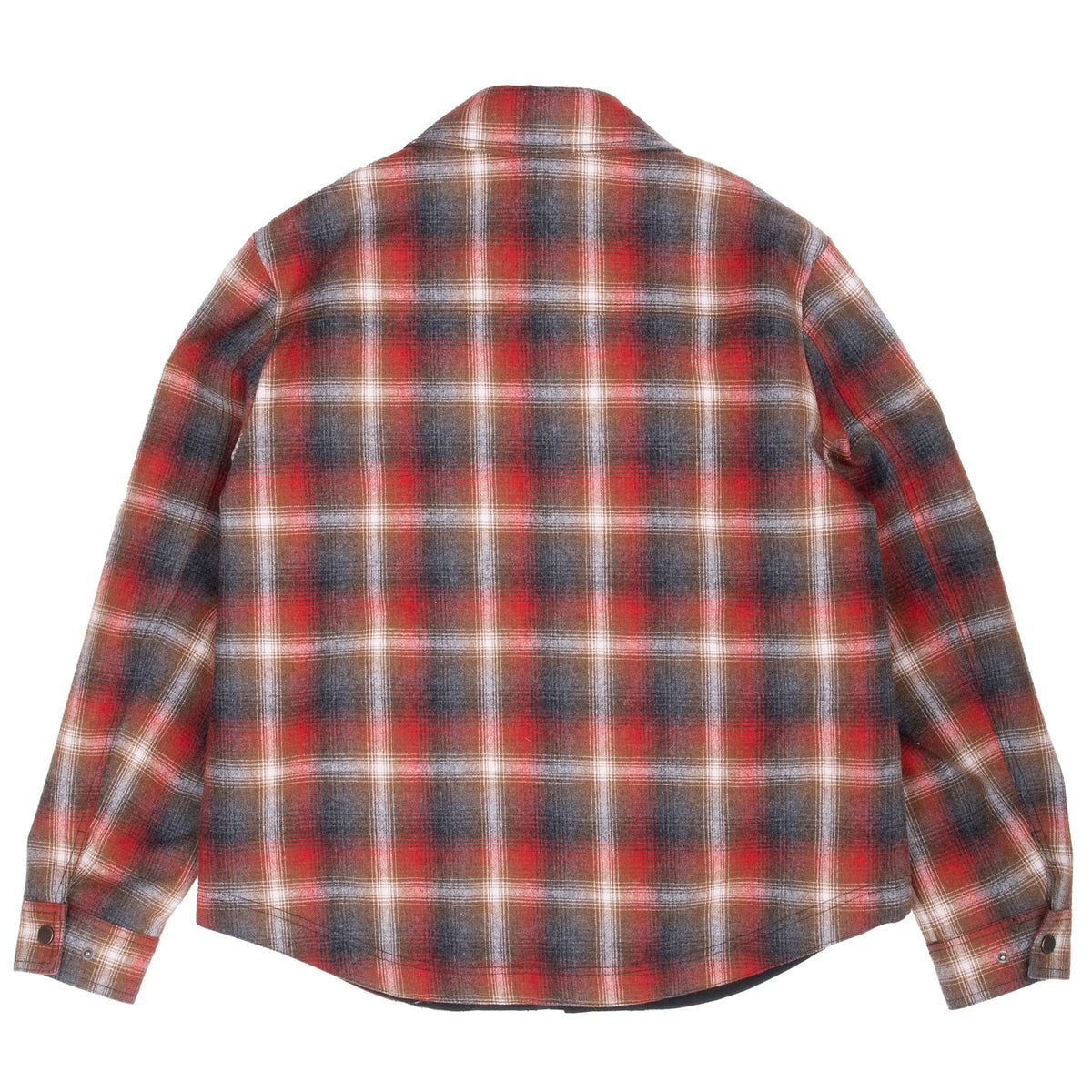 Back of Pendleton red, brown and charcoal plaid overshirt jacket