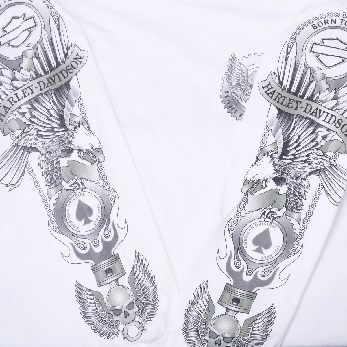 Harley-Davidson sleeve prints with eagles, chains, pistons, winged skulls, and bar-and-shield emblems