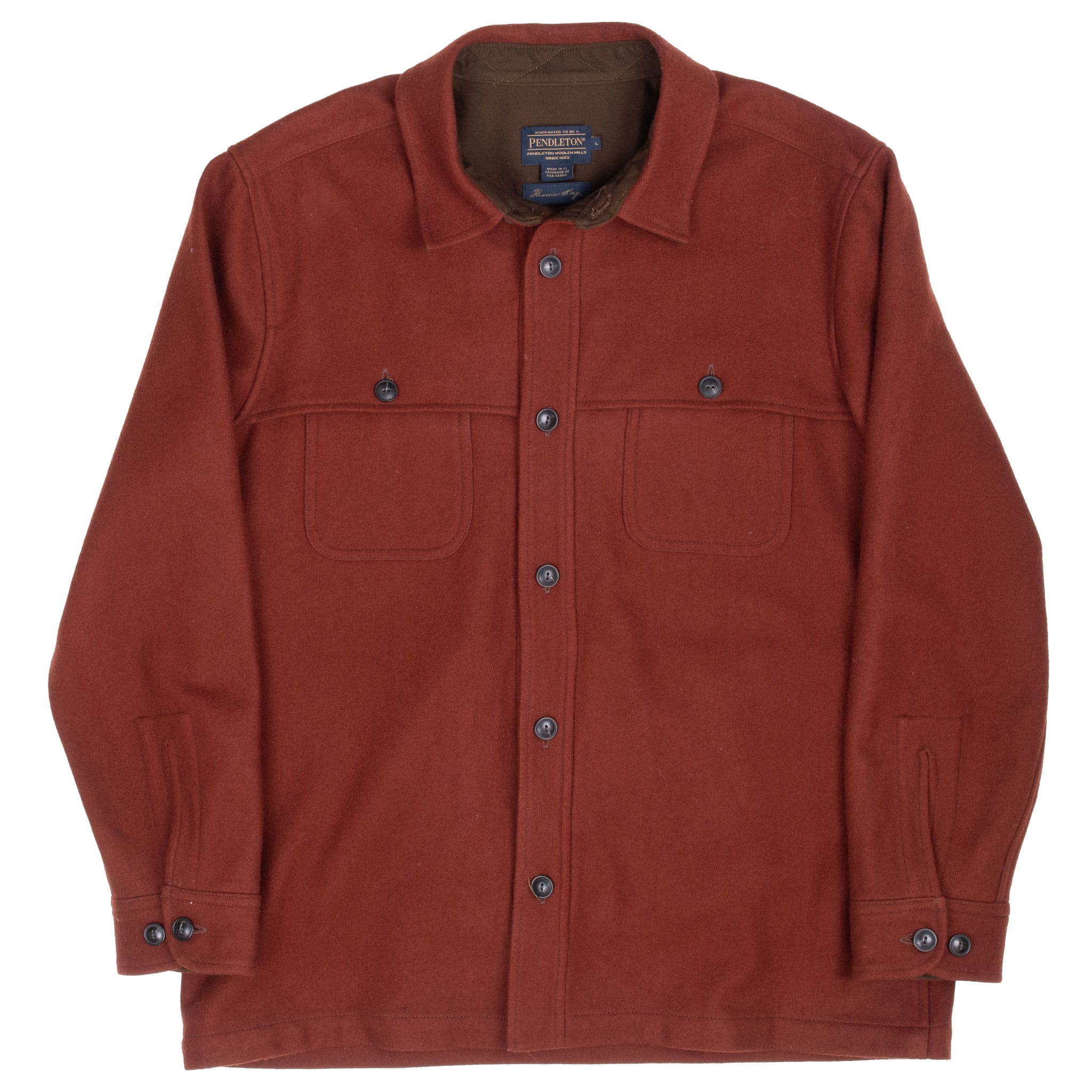 Full front view of Pendleton brown clay overshirt jacket with pointed collar, dark buttons and straight hem