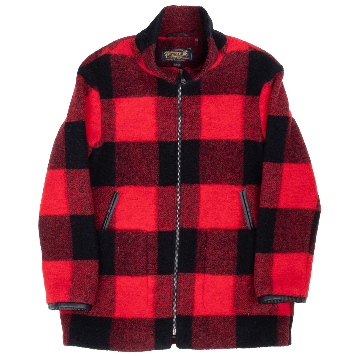 Full front view of Pendleton red-and-black buffalo plaid coat
