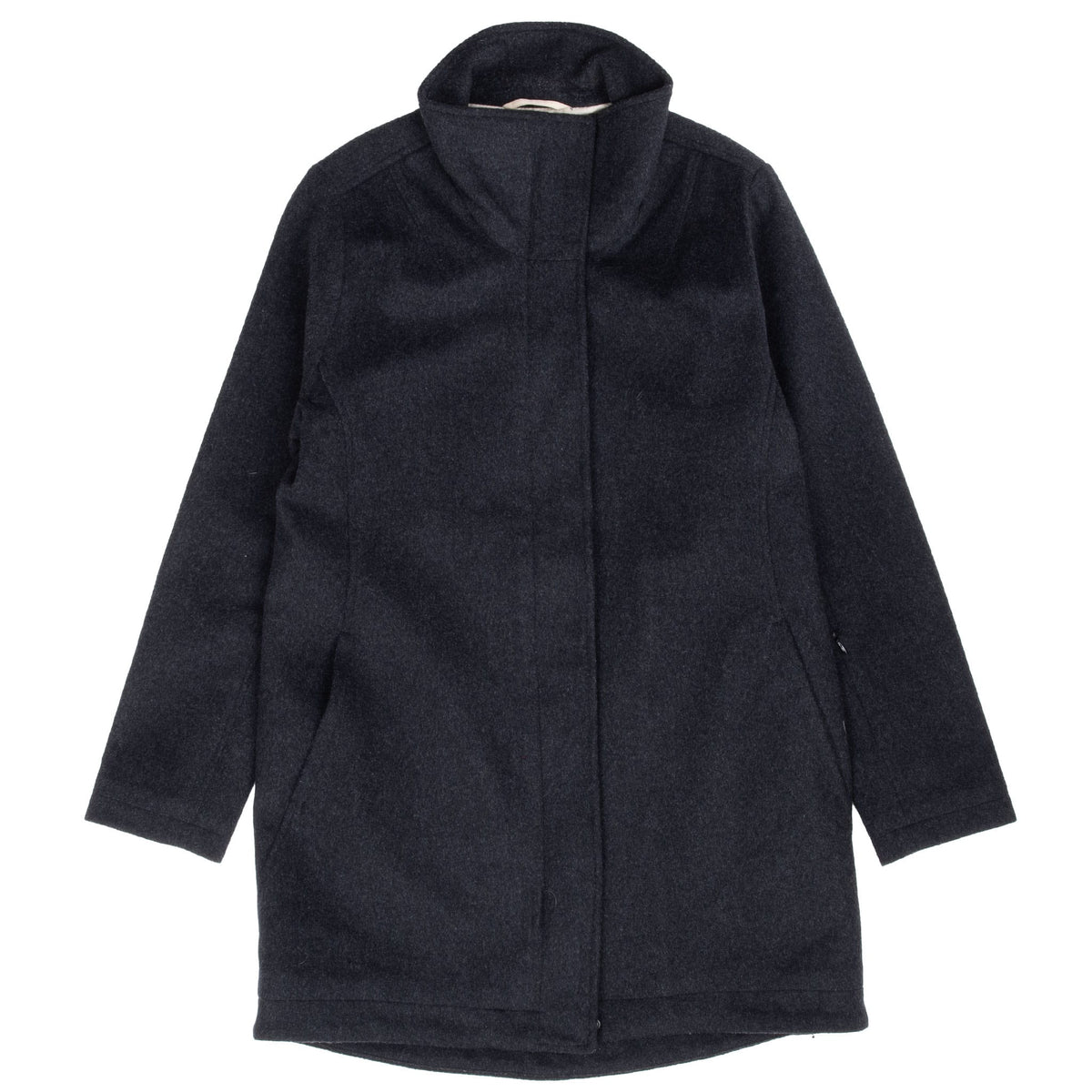 Full front view of black Pendleton long coat with stand collar and concealed closure