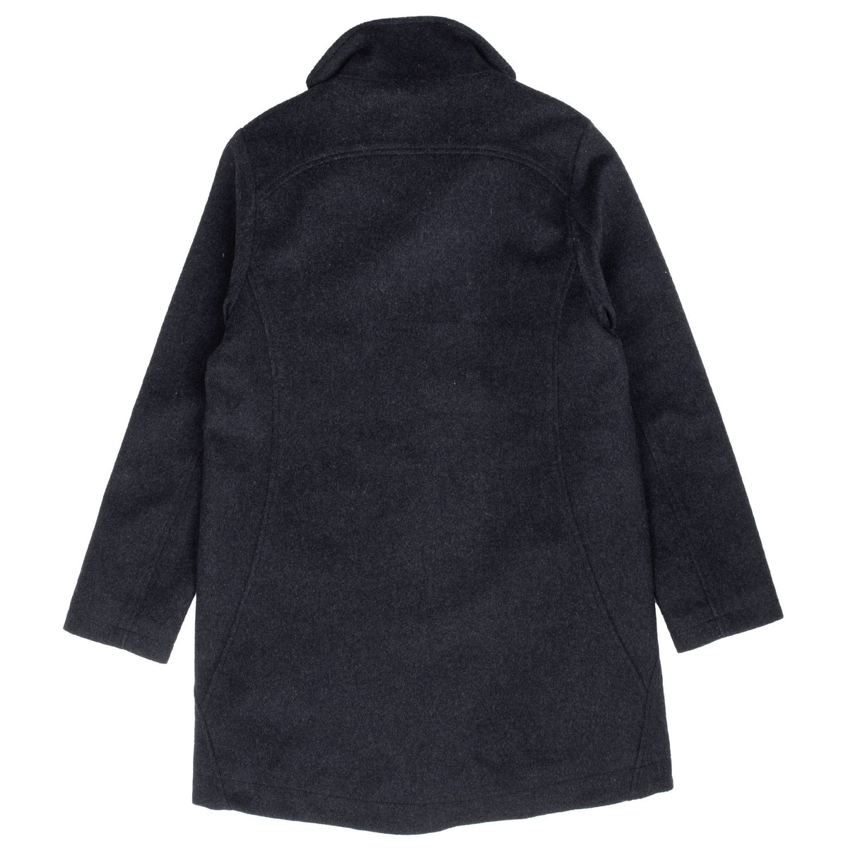 Back of black Pendleton long coat with curved yoke seam and stand collar