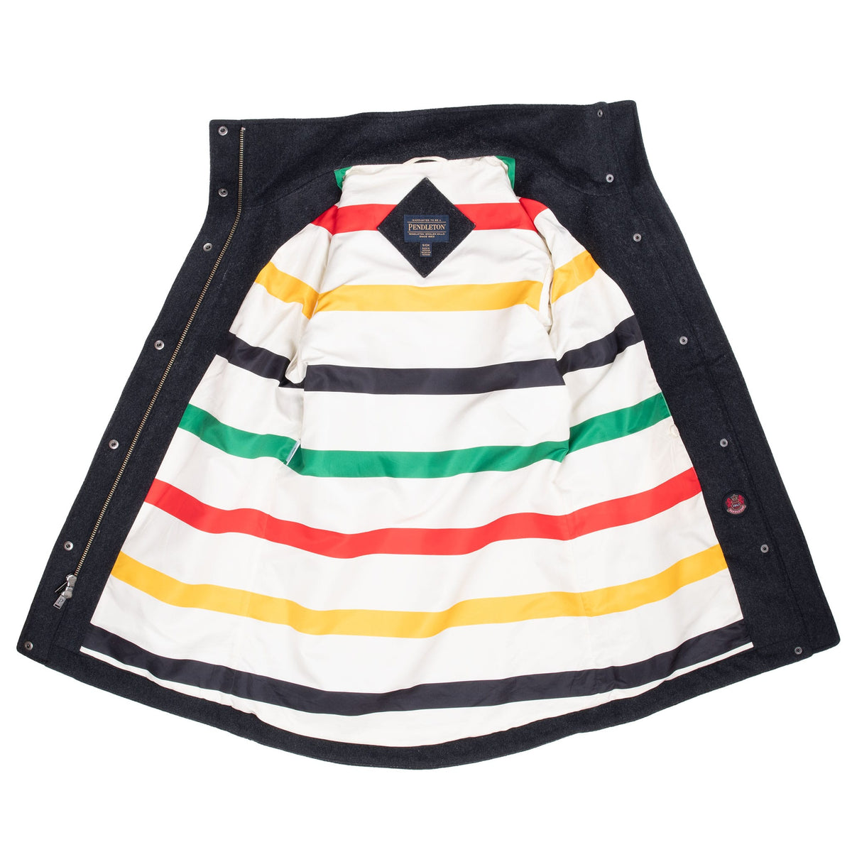 Open Pendleton coat showing white lining with red, yellow, black and green stripes