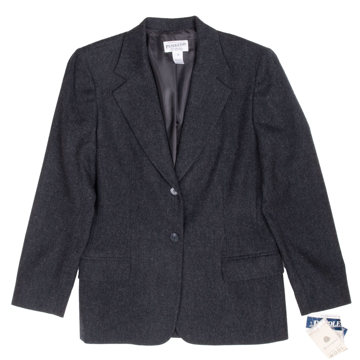 Full front of Pendleton women's black wool blazer with two-button closure and attached tags