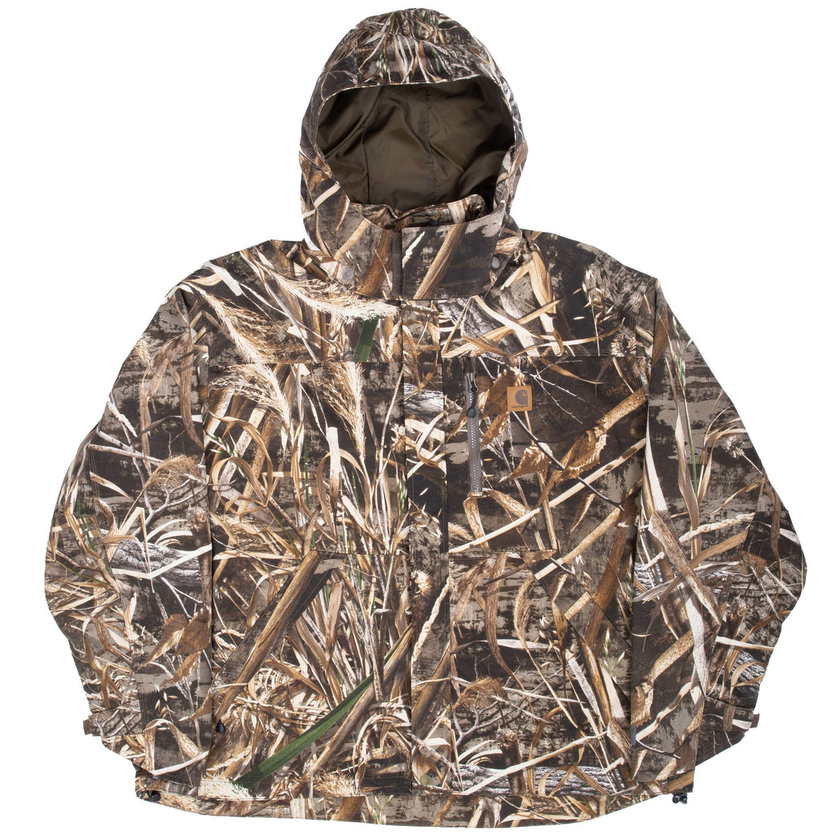 Front of Carhartt Realtree Max camouflage parka with hood and chest logo patch
