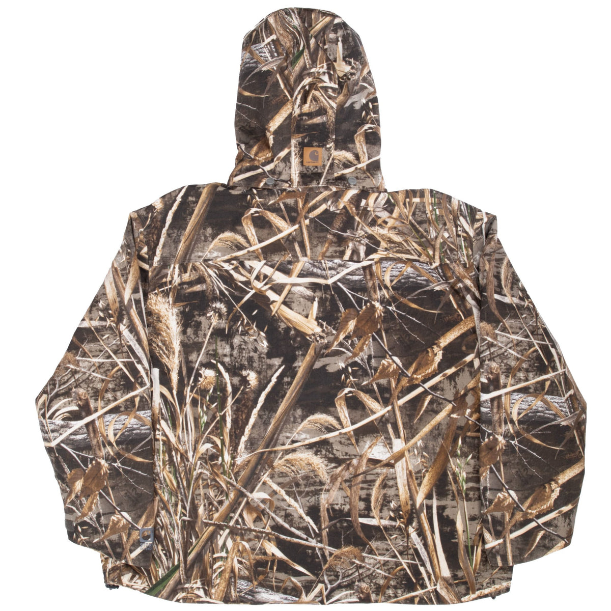 Back of Carhartt Realtree Max camouflage parka with logo patch on hood