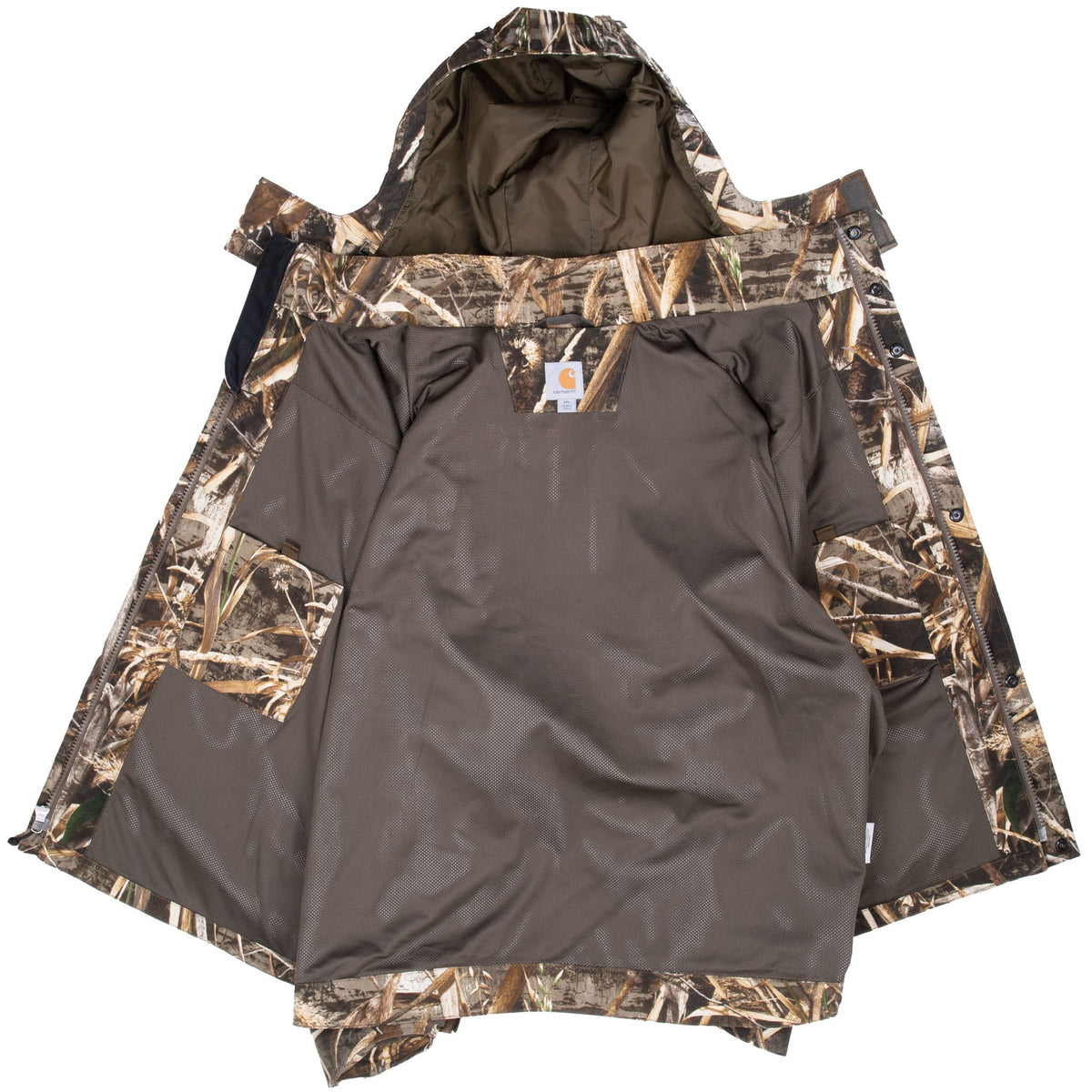 Open Carhartt camouflage parka showing hood and dark mesh lining