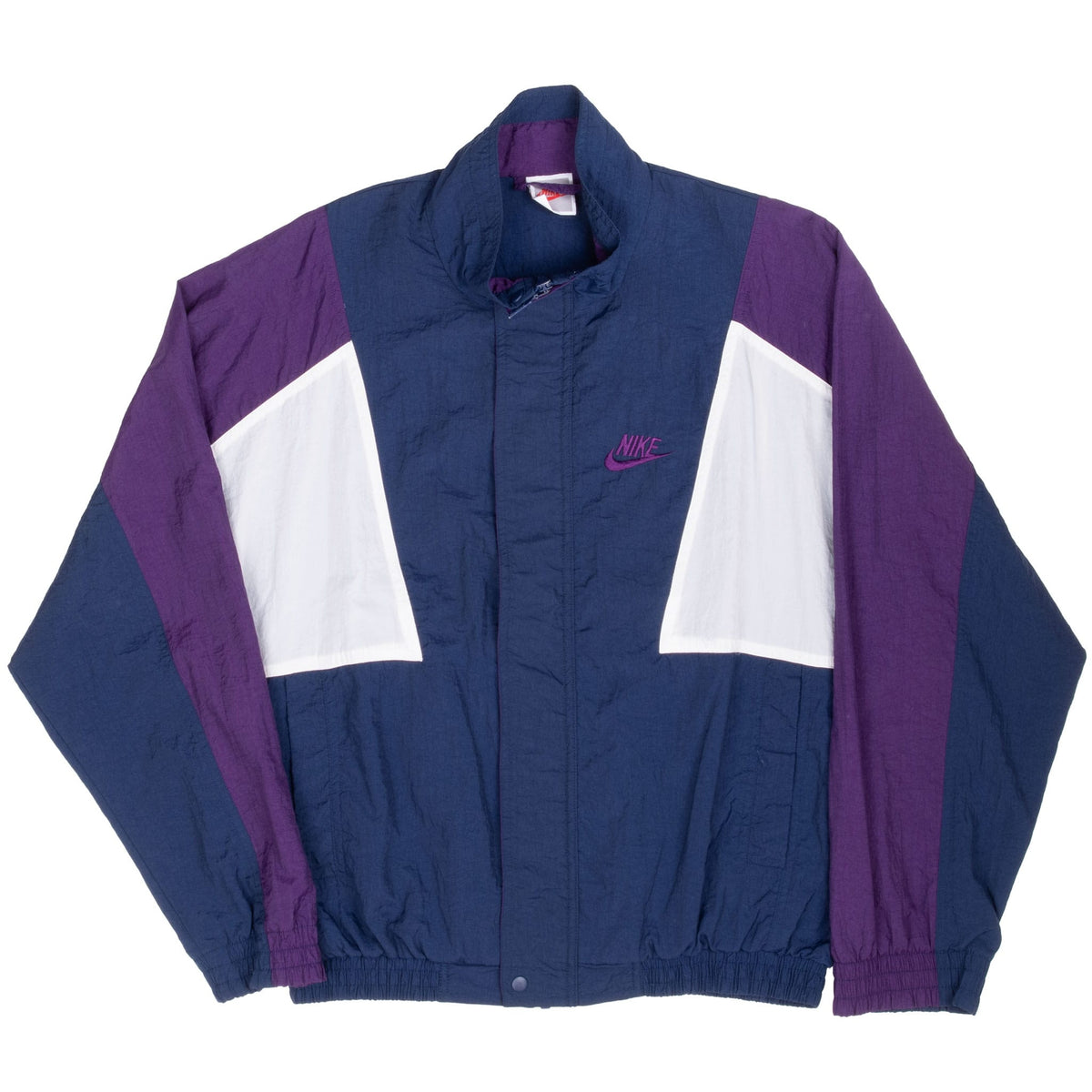 Front of blue, purple, and white color-block Nike windbreaker jacket