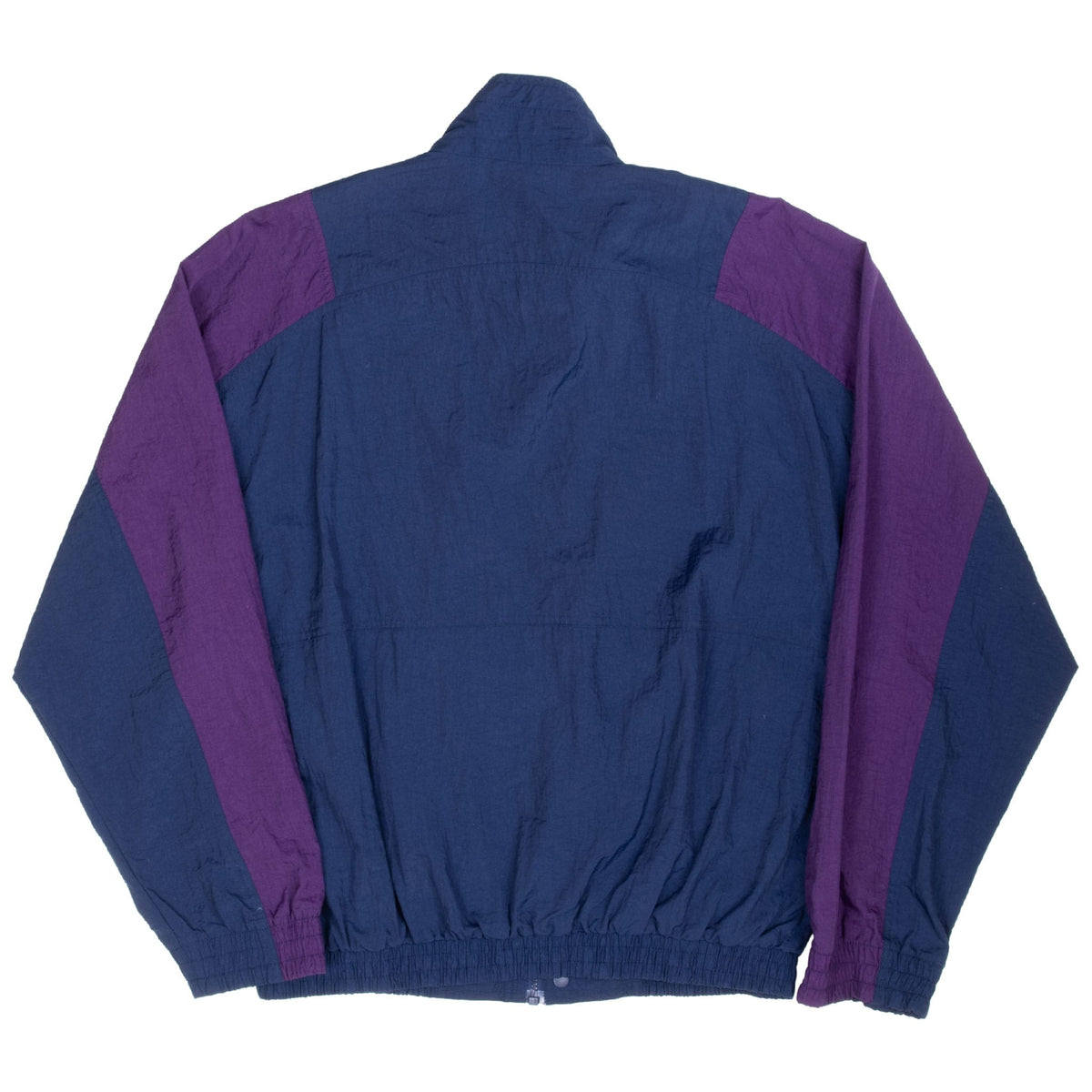 Back of blue Nike windbreaker jacket with purple sleeve panels
