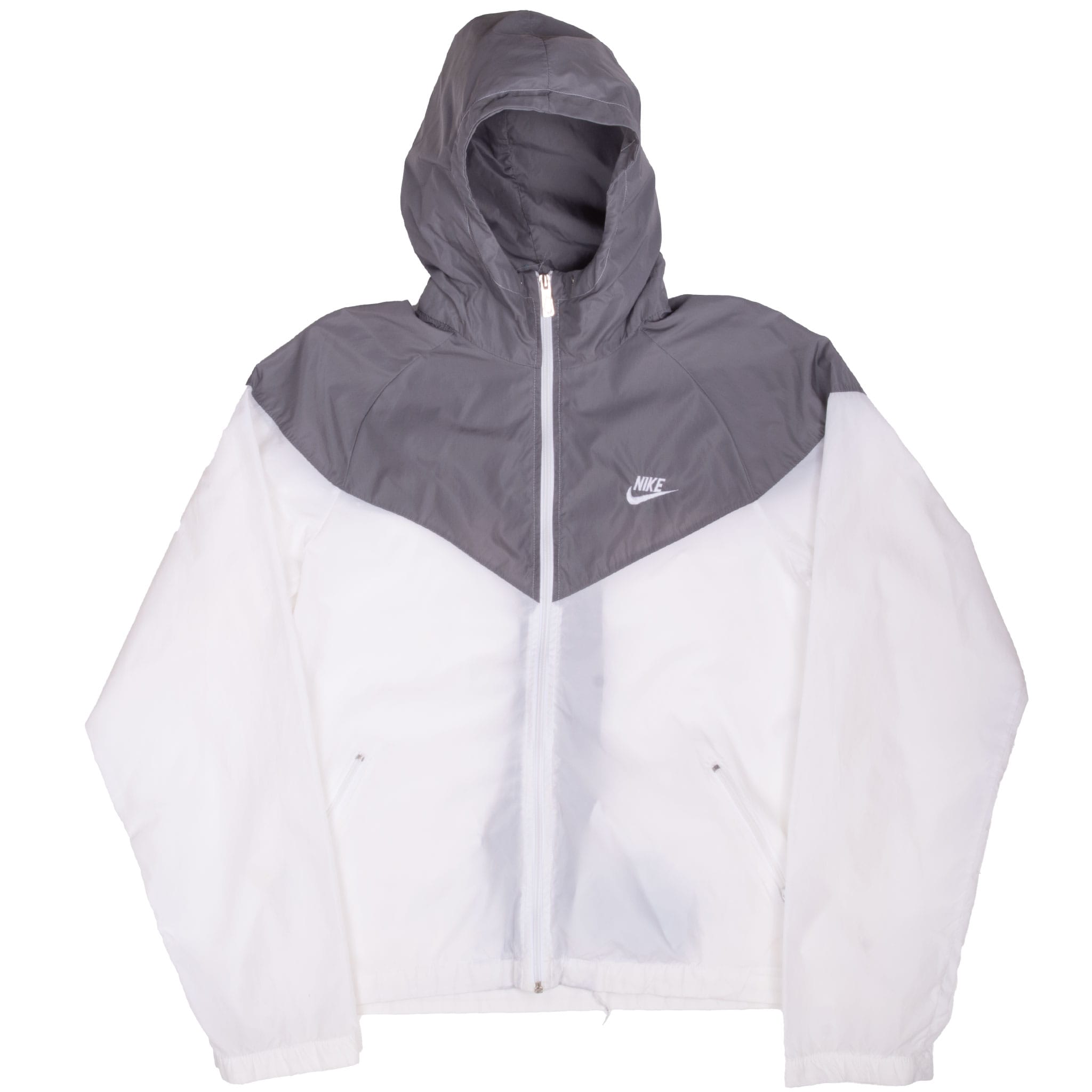 Full front view of grey and white Nike hooded windbreaker with zip closure and slanted pockets