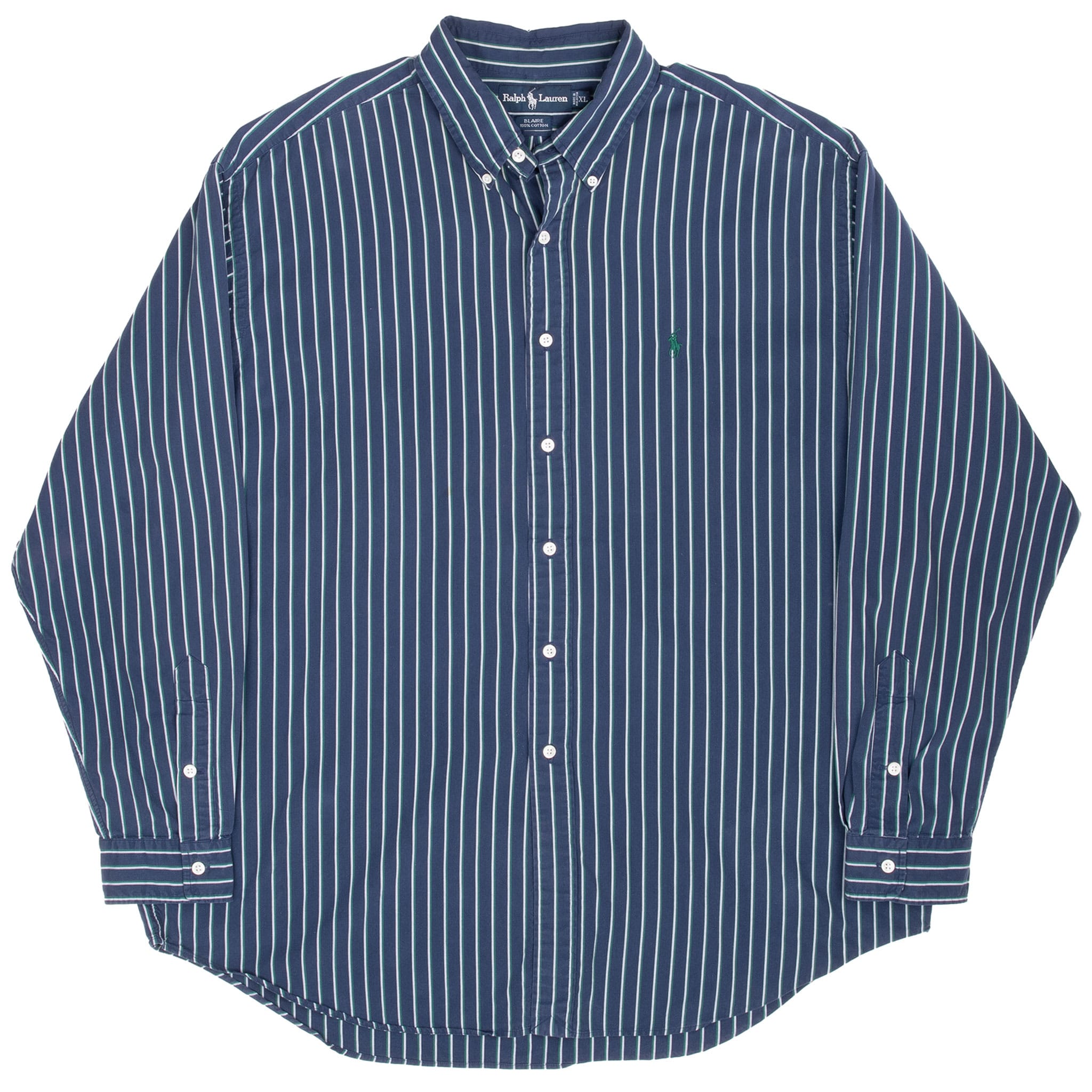 Full front view of Polo Ralph Lauren blue, white and green striped shirt