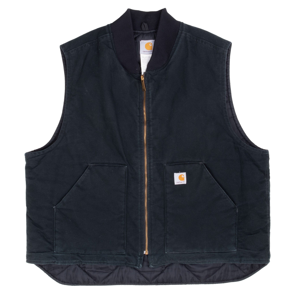 Front of black Carhartt vest showing rib-knit collar, patch pockets, and curved quilted hem