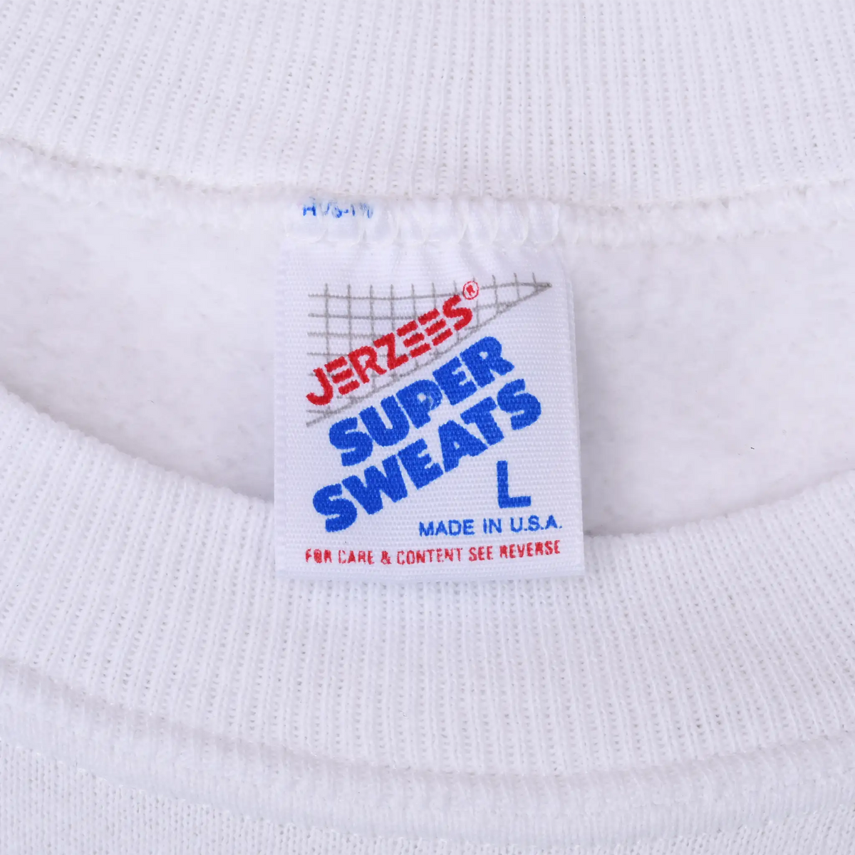 Jerzees Super Sweats size L neck tag with Made in U.S.A. text