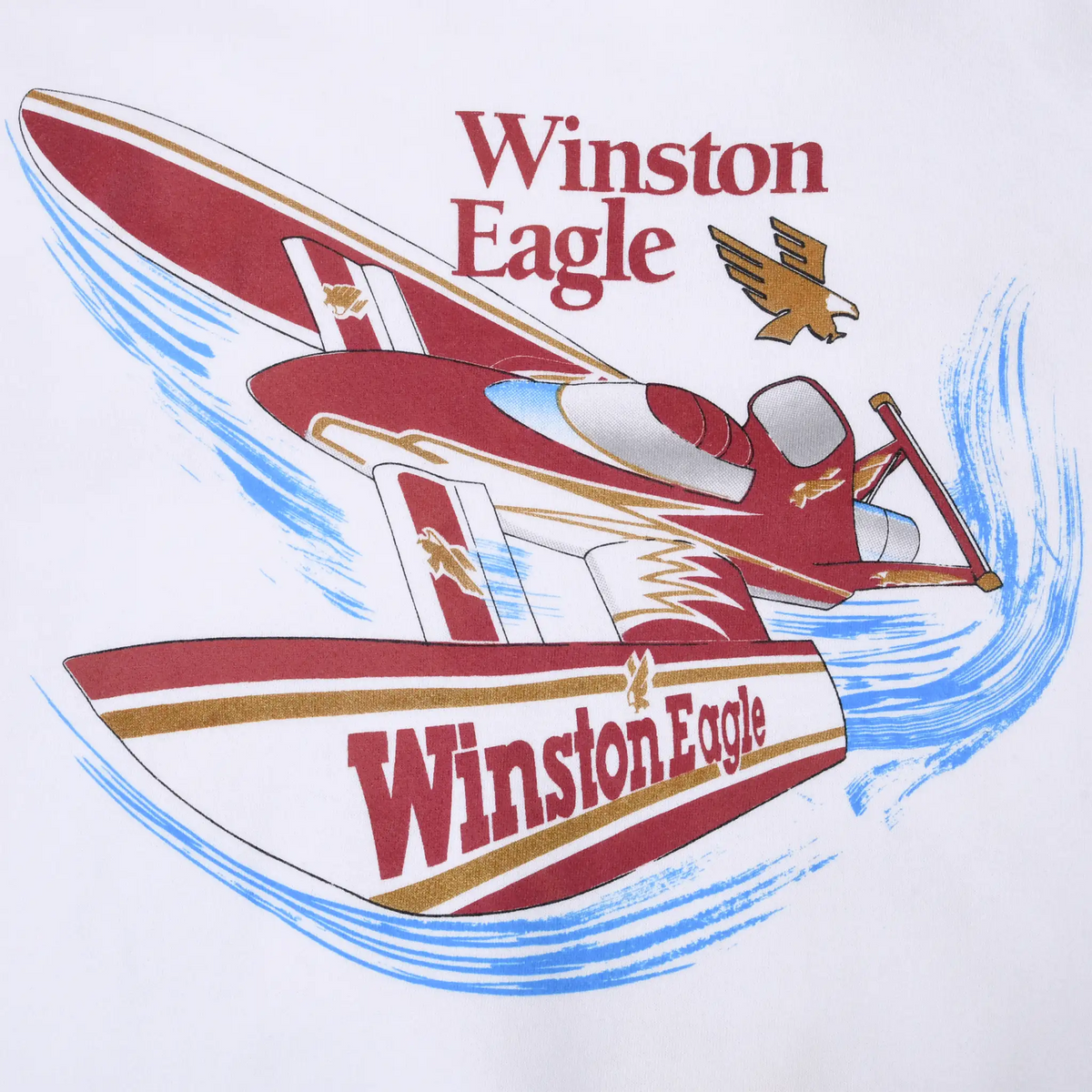Close-up of back Winston Eagle graphic with red hydroplane and blue water strokes