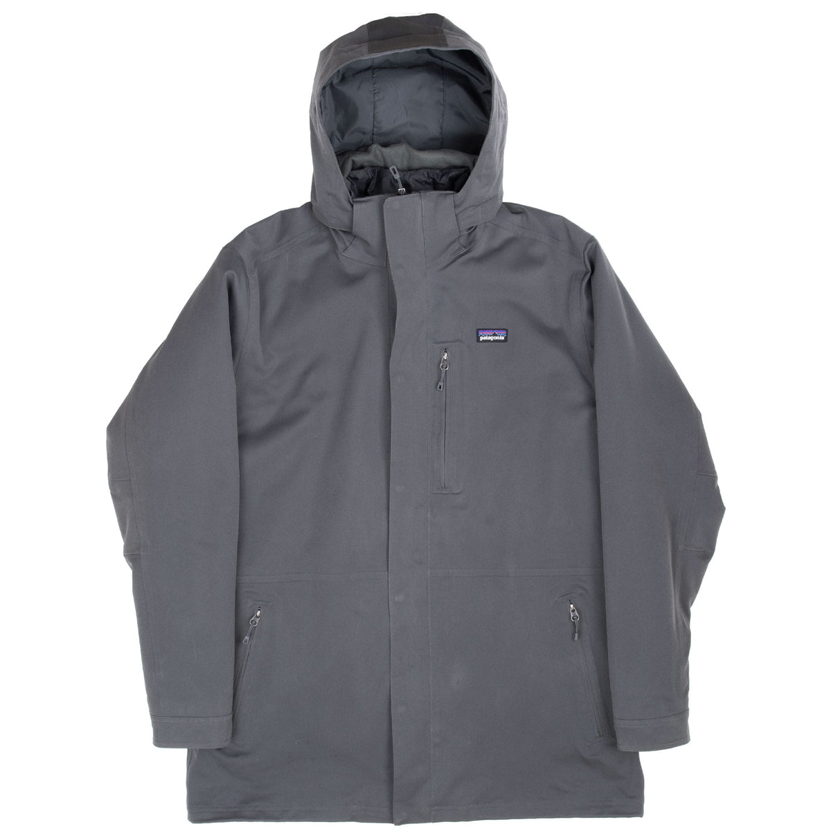 Full front view of grey Patagonia Tres 3-in-1 hooded parka