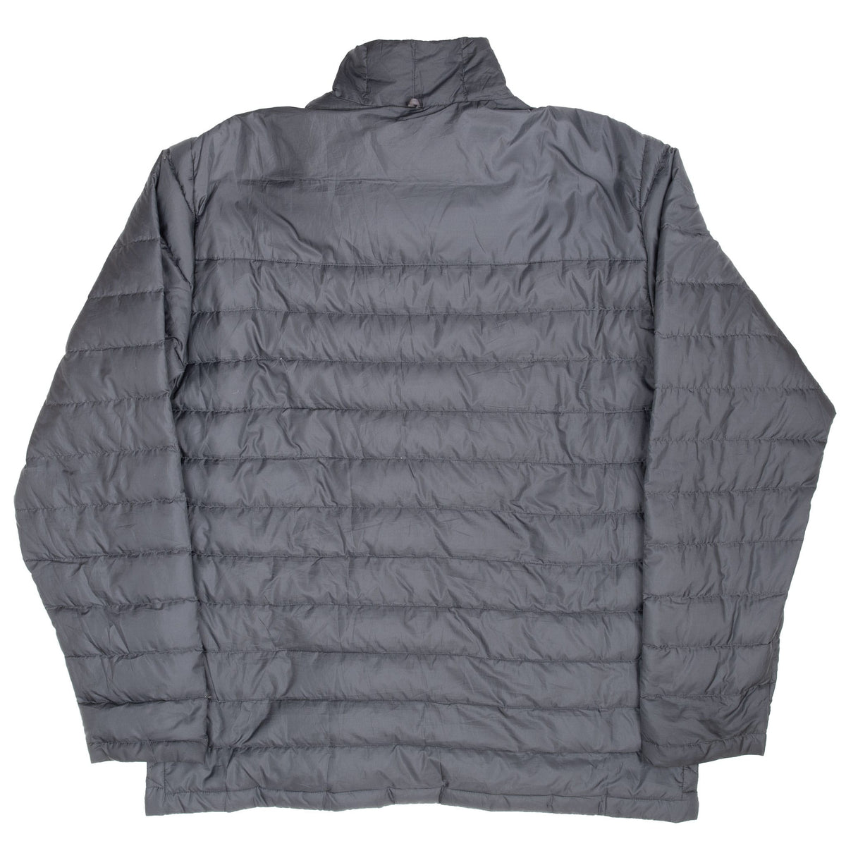 Back of grey Patagonia quilted inner jacket with horizontal stitching