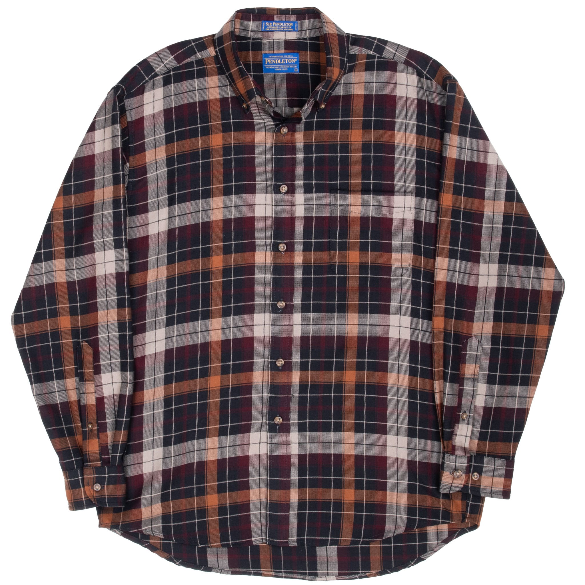 Full front of Pendleton brown plaid wool shirt with chest pocket, long sleeves and curved hem