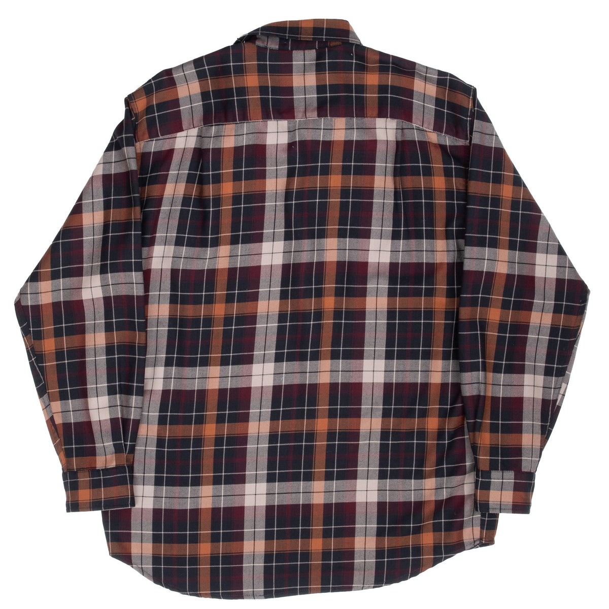 Back of Pendleton brown plaid wool shirt showing the back yoke and curved shirttail hem