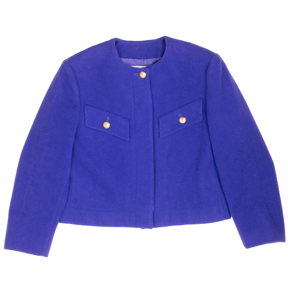 Front of purple Pendleton women's jacket with round neckline, chest flap pockets and gold-tone buttons