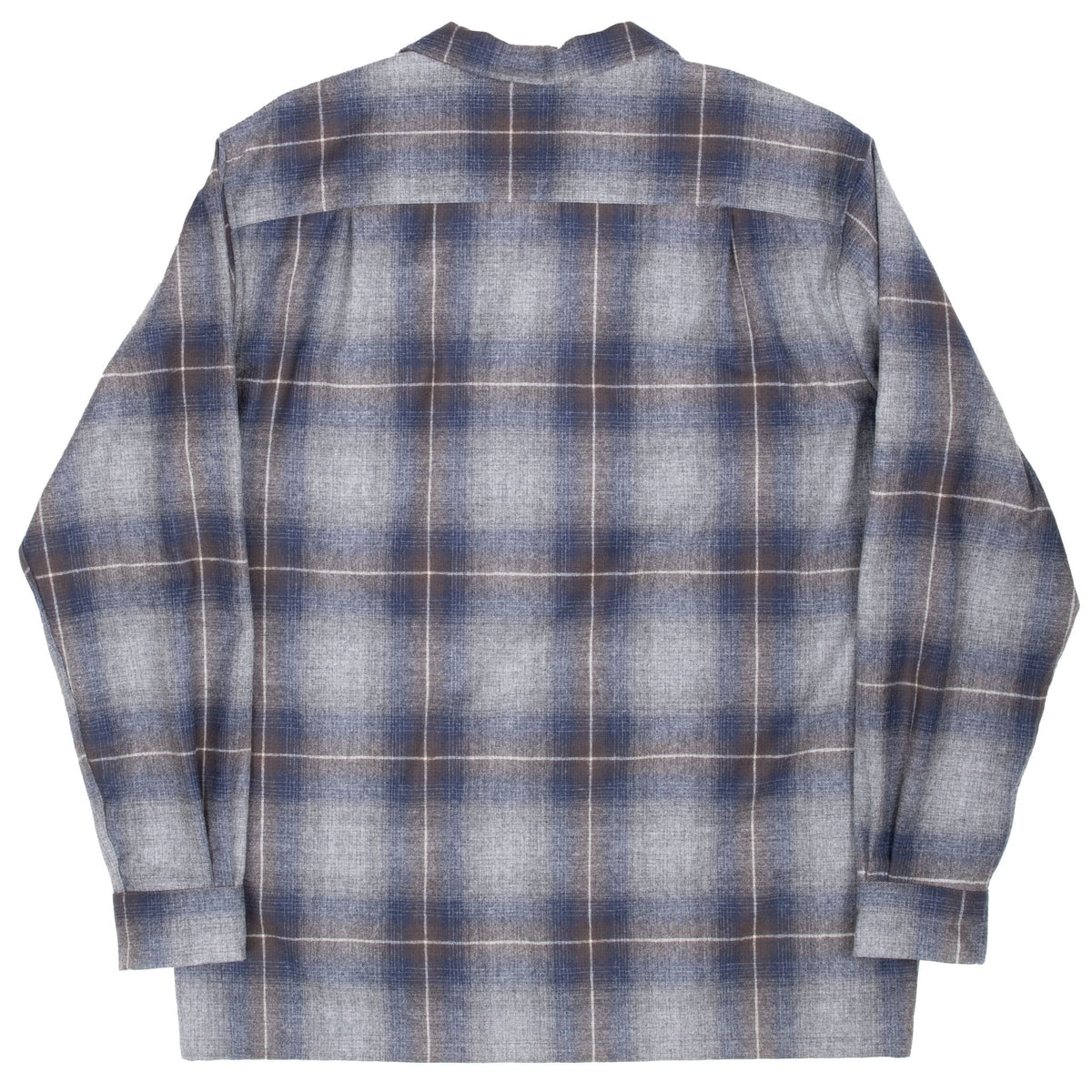 Back of Pendleton Board shirt in grey, navy, brown and white plaid