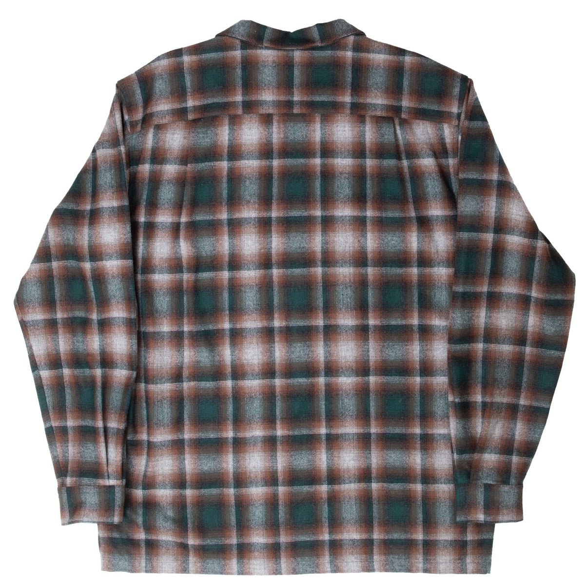 Back of brown and green plaid Pendleton Board Shirt showing shoulder yoke and pleats