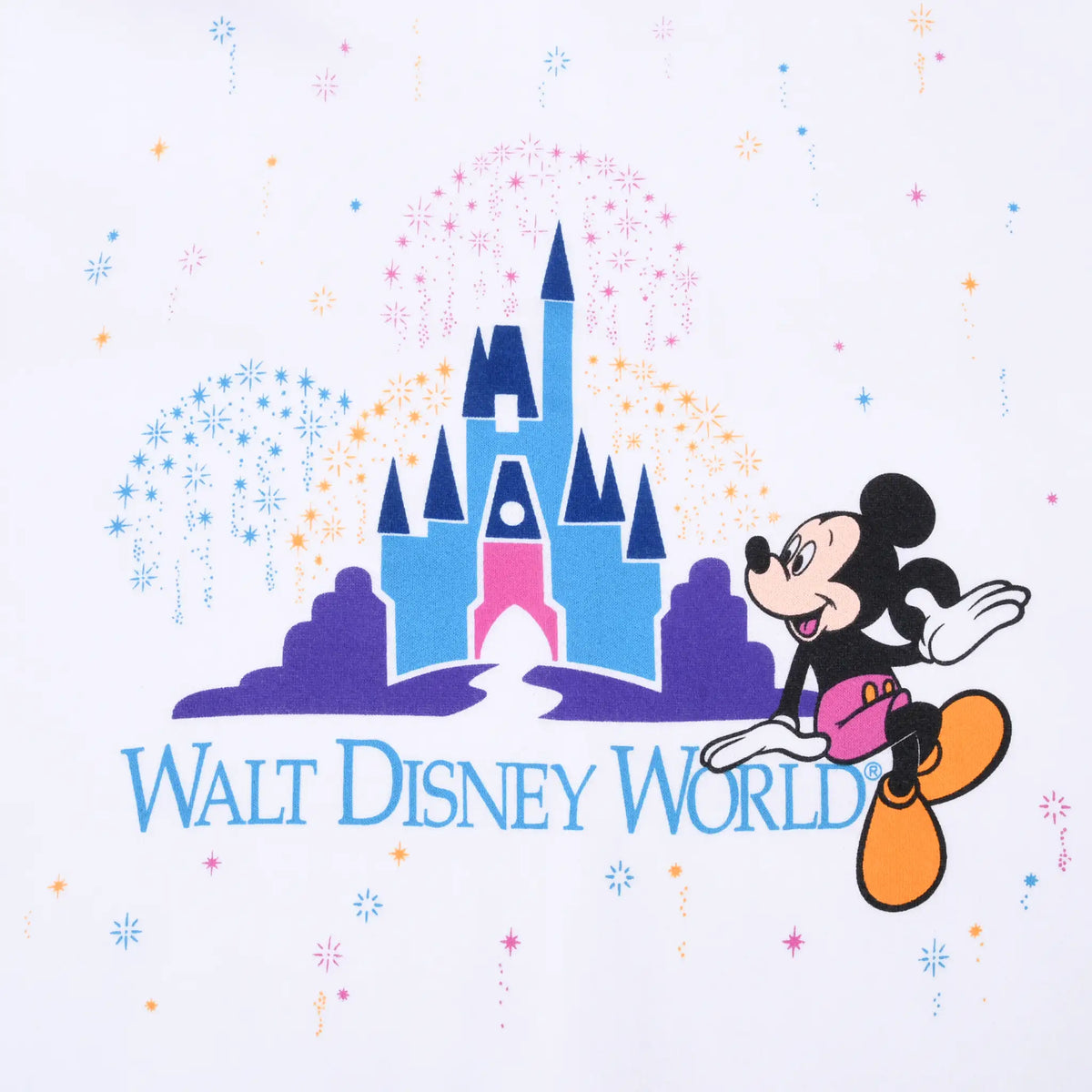Close-up of Walt Disney World castle, fireworks, and Mickey Mouse graphic