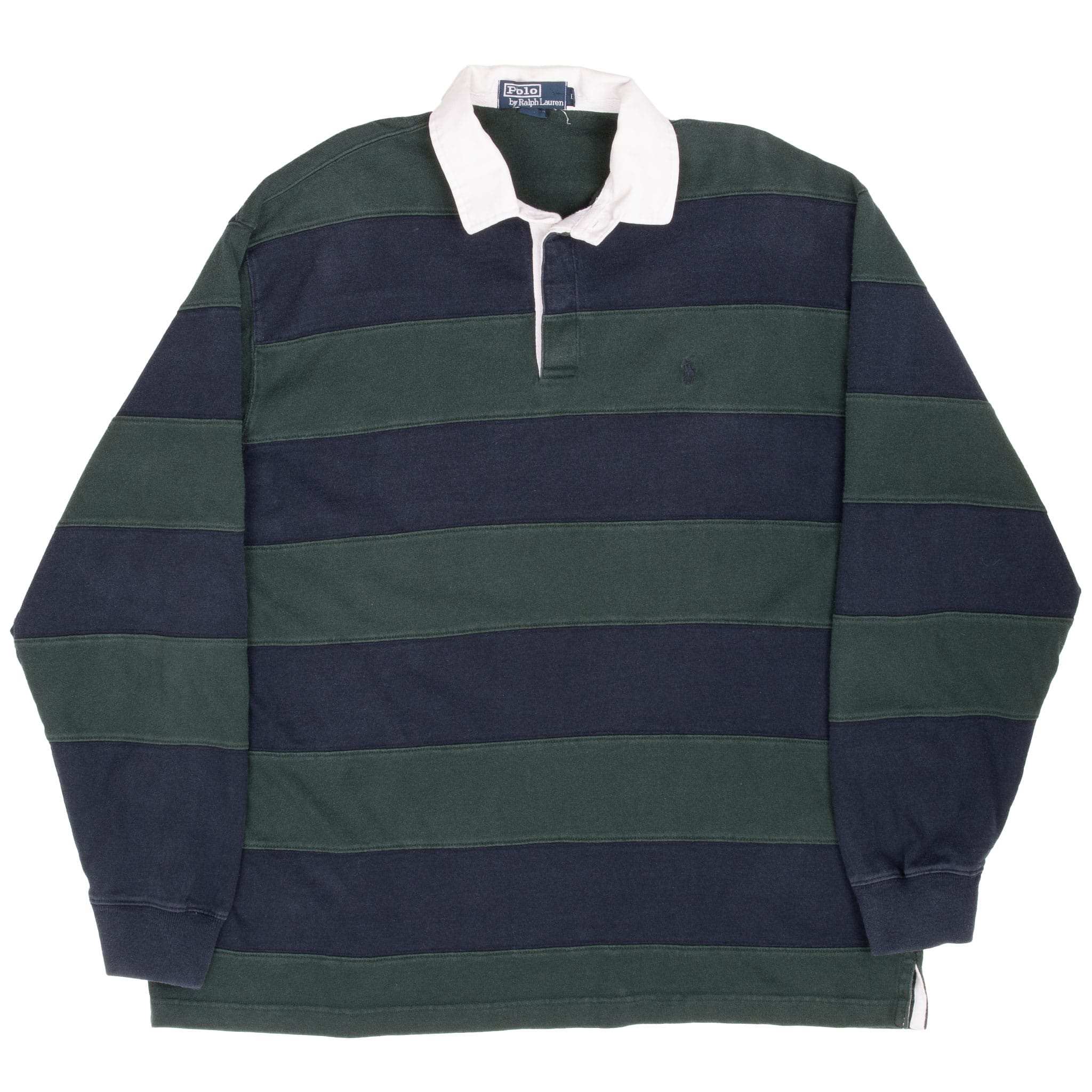 Full front view of Polo Ralph Lauren blue and green striped long-sleeve rugby shirt
