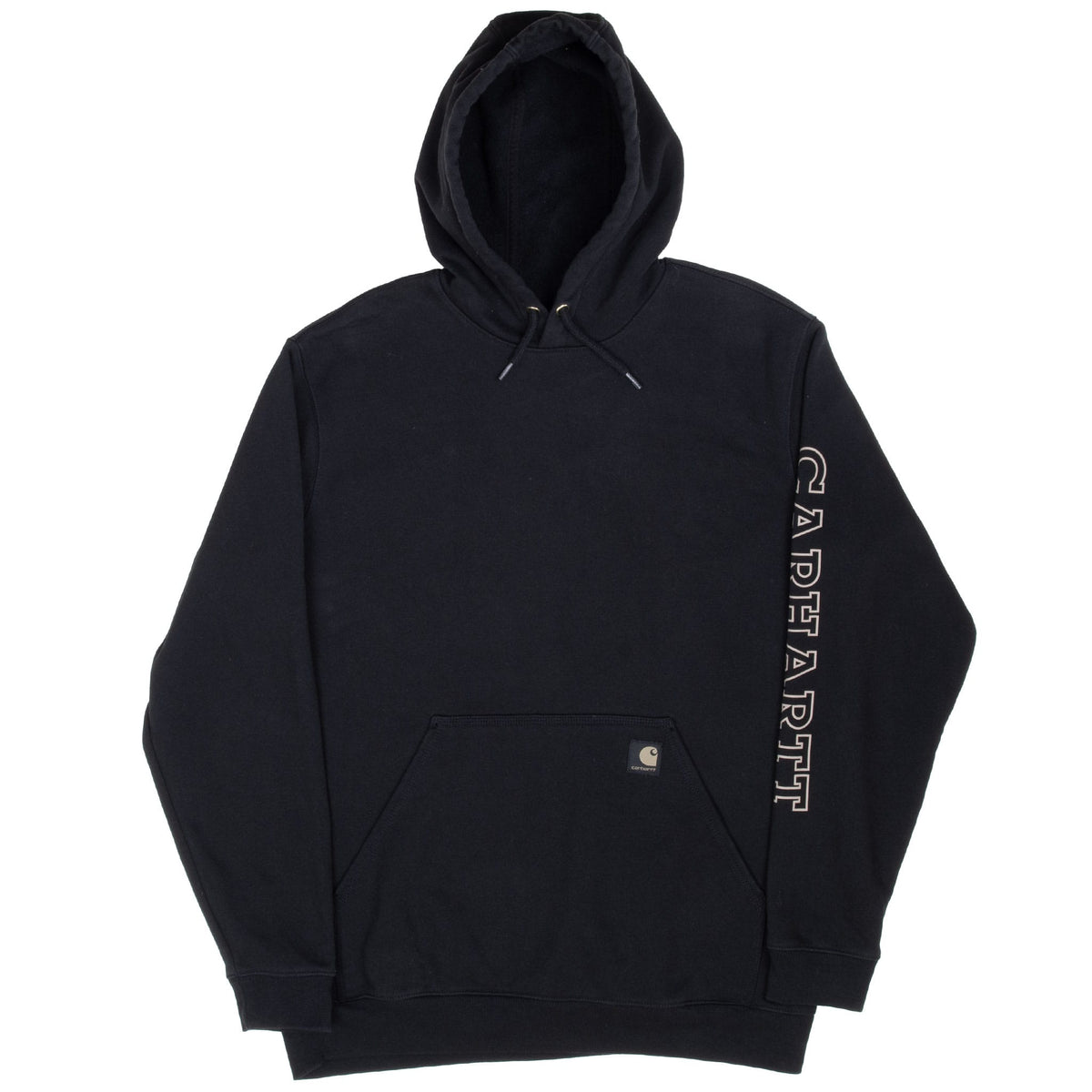 Front of black Carhartt pullover hoodie with sleeve lettering and kangaroo pocket patch