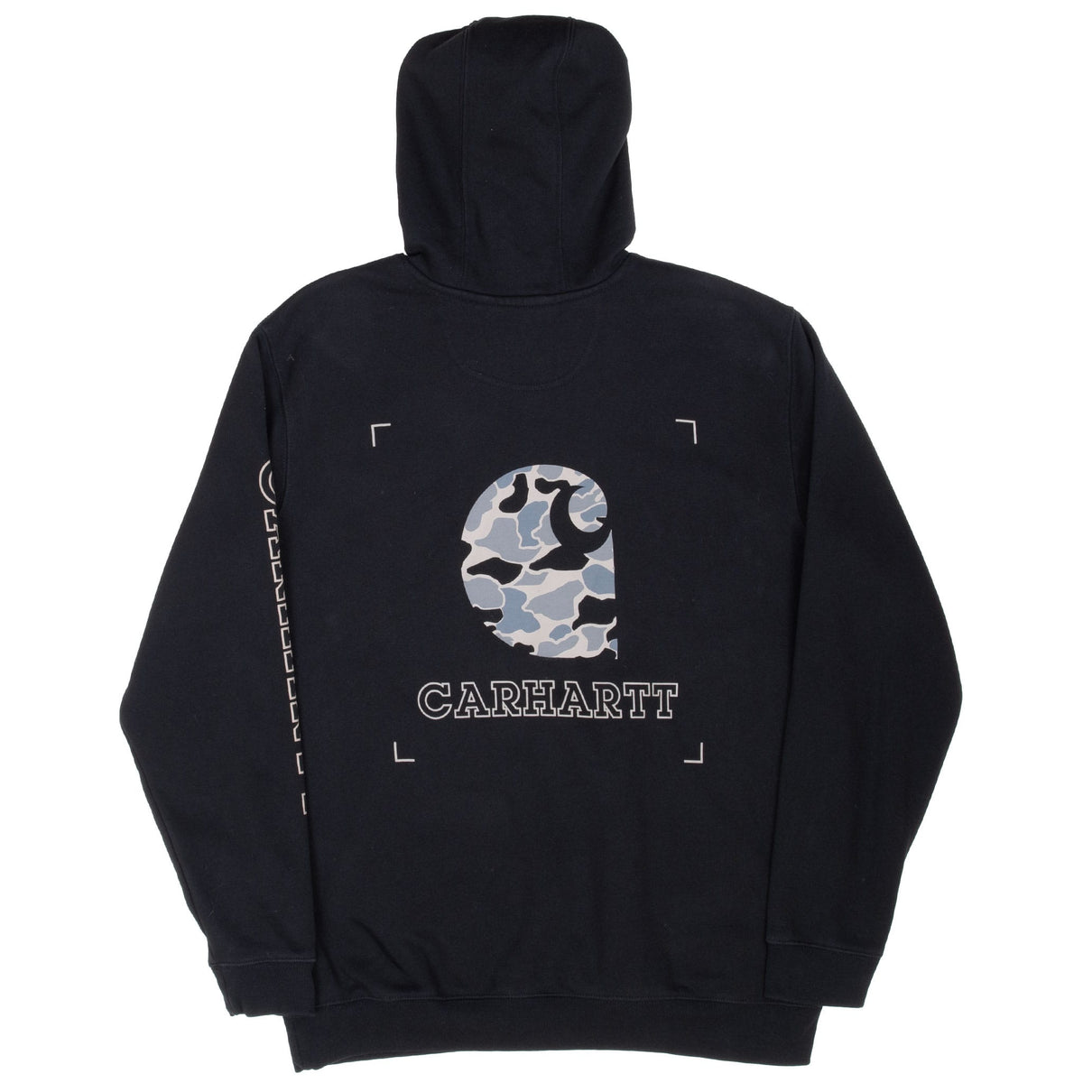 Back view of black Carhartt hoodie with camouflage logo and outlined lettering